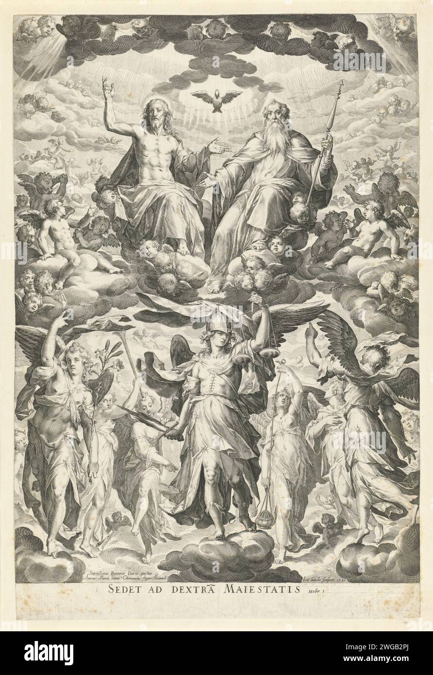 Archange Michaël et Sainte Trinité, Johann Sadeler (I), d'après Antonio Maria Viani, 1591 imprimer l'Archange Michaël, dans ses mains une épée de flamme et la balance avec laquelle il pèse les âmes. Des anges autour de lui. Au-dessus de sa tête la sainte trinité dans les nuages entourée de chérubins. München papier gravant la psychostase, l'Archange Michel pesant les âmes dans les écailles (et poignardant le diable). Trinité dans laquelle Dieu le Père et Christ sont représentés en tant que personnes, le Saint-Esprit en tant que colombe (+ Sainte Trinité) Banque D'Images
