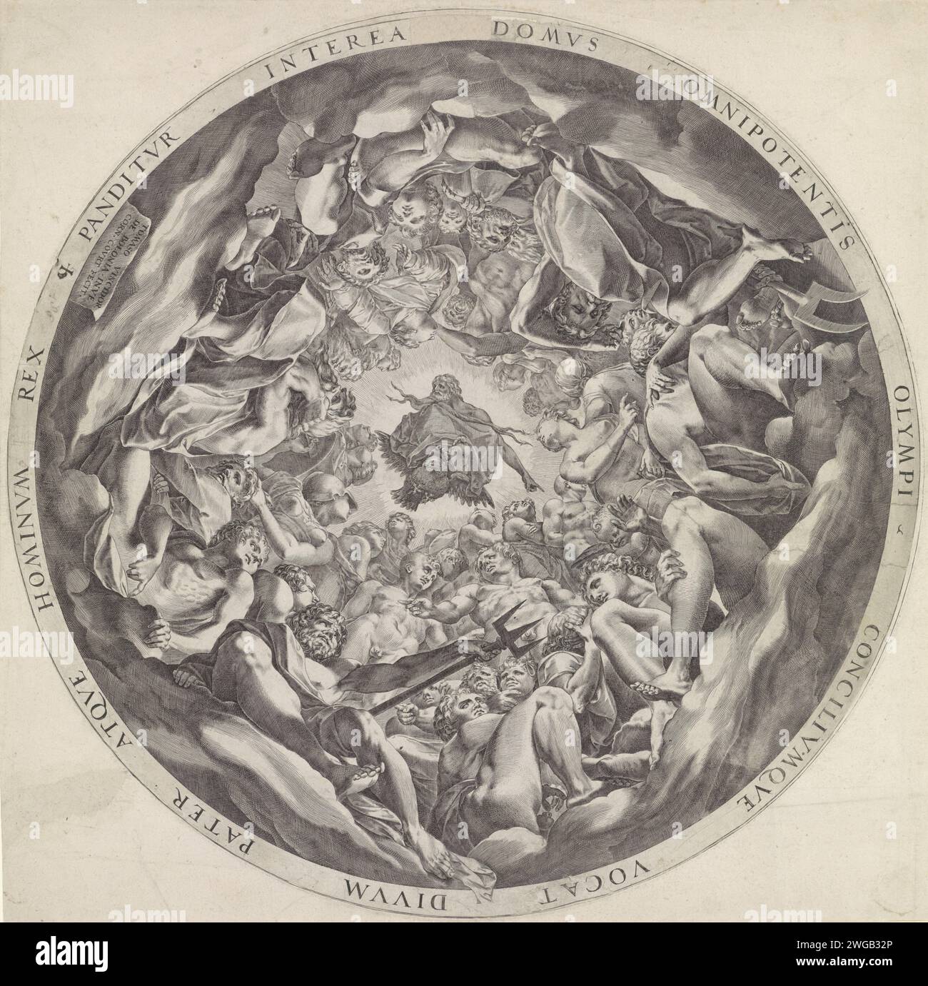 Rencontre des dieux à l'Olympe, Cornelis Cort, d'après Francesco Primaticcio, c. 1565 - c. 1575 imprimer les dieux sont rassemblés dans un cercle sur l'Olympe. Au milieu Jupiter le dieu suprême, avec ses attributs l'éclair et l'aigle. Anvers (éventuellement) gravure sur papier des dieux olympiens ensemble : Jupiter, Junon, Neptune, Cérès, Apollon, Diane, Mars, Vénus, Mercure, Minerve, Vulcan, Vesta (ou Bacchus). Olympus Banque D'Images