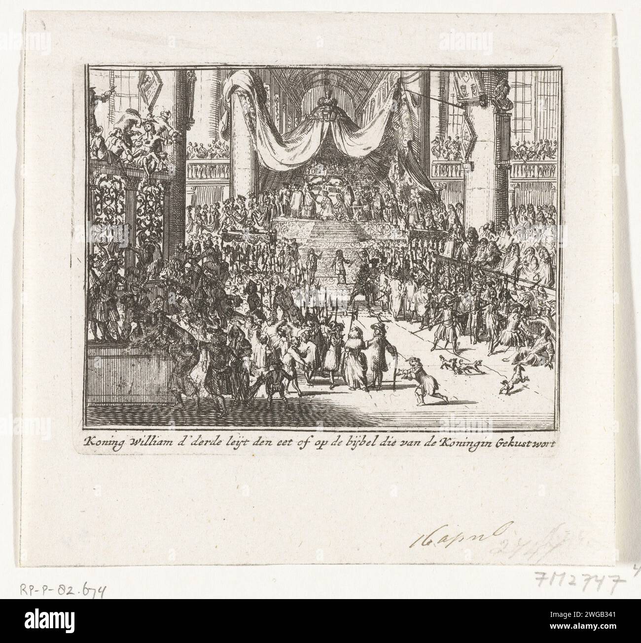 Guillaume III prête serment lors du couronnement, 1689, 1711 impression lors de la cérémonie du couronnement, Guillaume III prête serment sur la Bible, Maria Kusten la Bible, 21 avril 1689. Partie d'une série sur les fortunes de la famille royale anglaise de Stuart de 1558-1711, dont ils ont enregistré ici seize estampes sur la bataille entre Jacobus II et Willem III dans les années 1688-1689. Imprimeur : Northern Netherlandsprint Maker : Northern Netherlandspublisher : Amsterdam papier gravure couronnement d'une règle. Nouveau souverain prêtant serment à l'abbaye de Westminster Banque D'Images