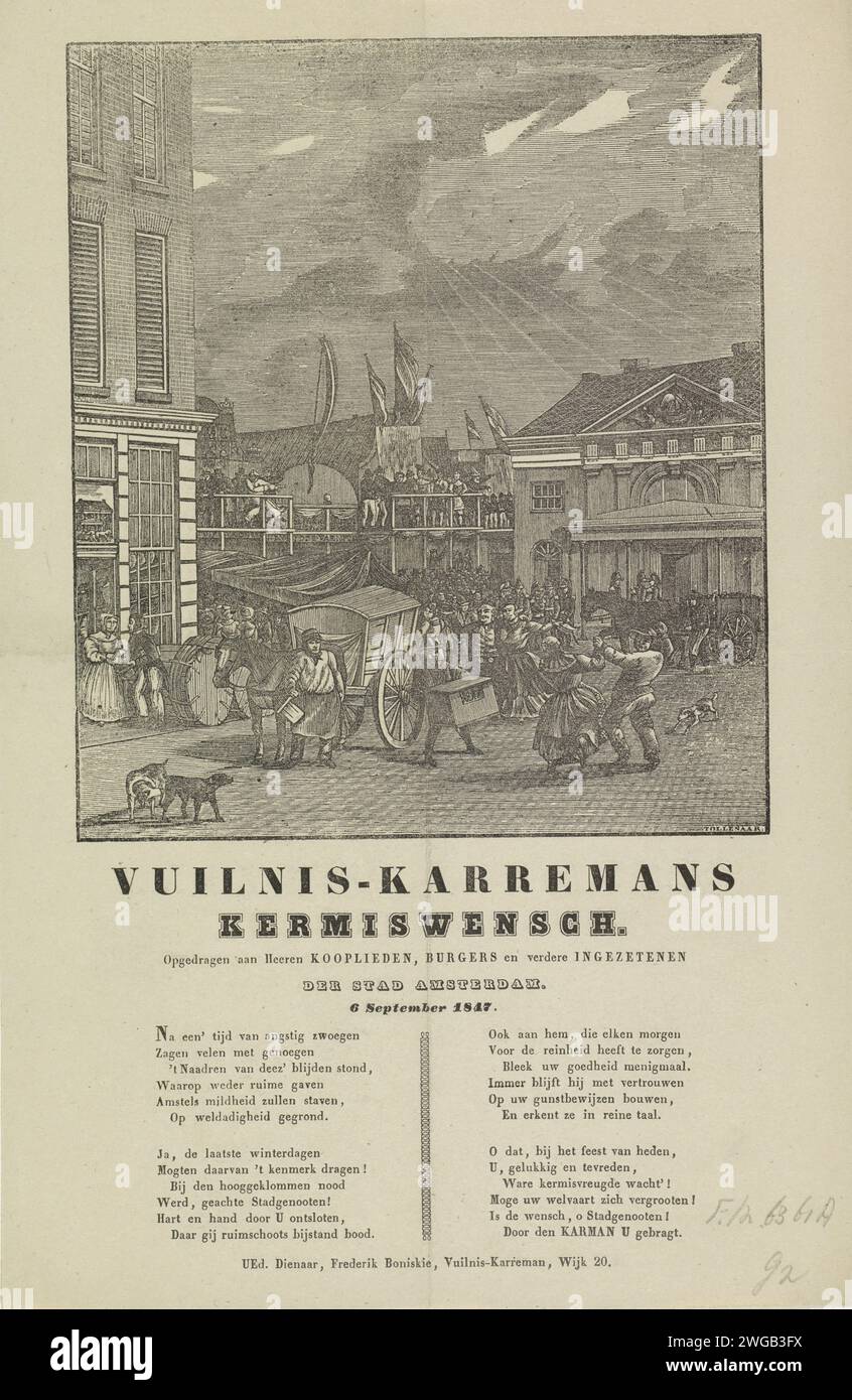 KermisStrent des ordures ménagères d'Amsterdam pour l'année 1847, Dirk Wijbrand Tollenaar, 1847 print KermisStrent des ordures ménagères d'Amsterdam pour l'année 1847. Vue à la foire au Botermarkt avec le Oude Waag. Deux chariots à ordures sur le marché. Avec poème en deux colonnes. De la poubelle carman dans le quartier N ° 20 : Frederik Boniskie. Rue d'impression typographique papier Amsterdam. Collecte des ordures Amsterdam. Botermarkt. Waag sur le Botermarkt Banque D'Images