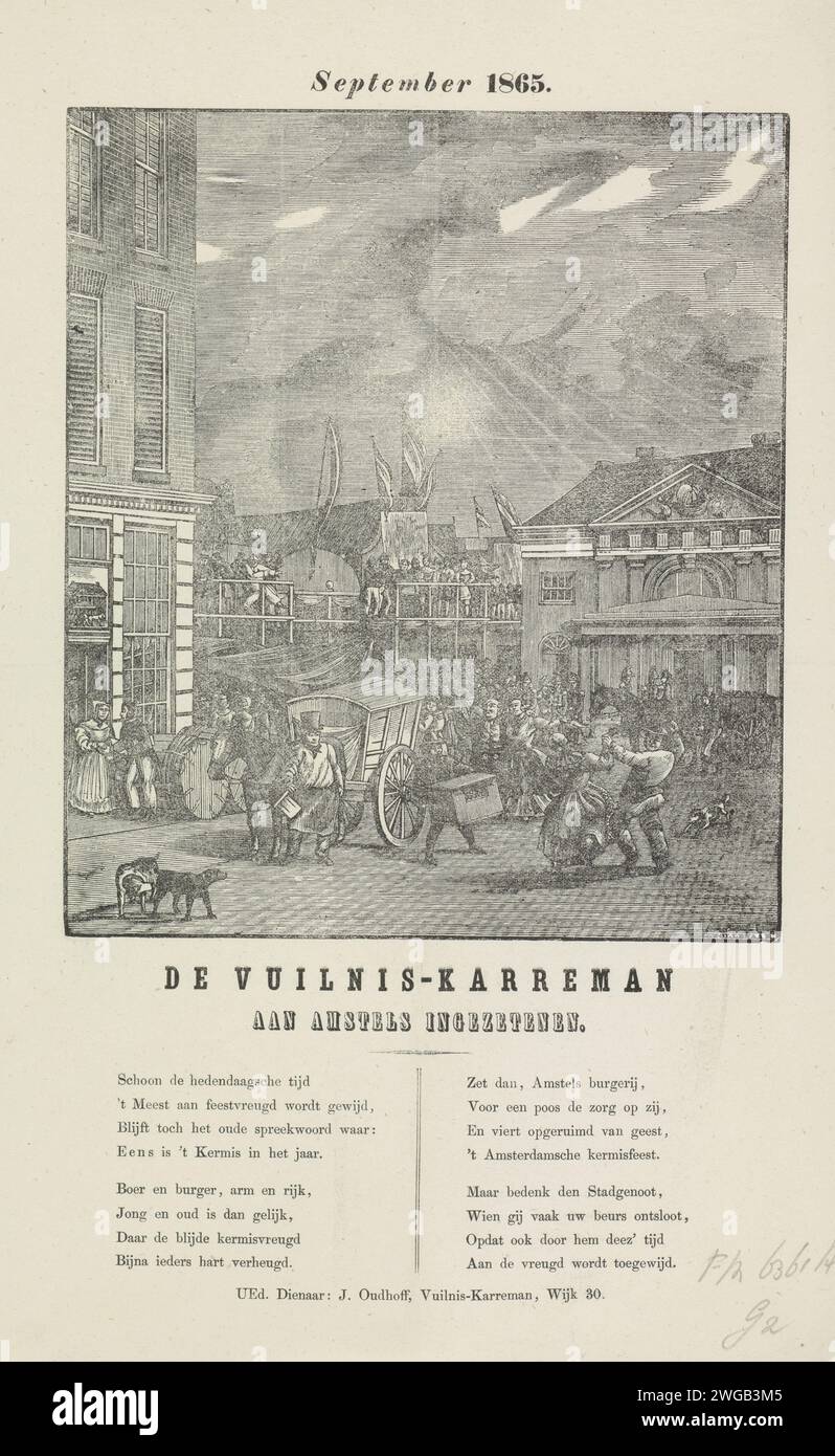 KermisStrent des ordures ménagères d'Amsterdam pour l'année 1865, Dirk Wijbrand Tollenaar, 1865 print KermisStrent des ordures ménagères d'Amsterdam pour l'année 1865. Vue à la foire au Botermarkt avec le Oude Waag. Deux chariots à ordures sur le marché. Avec poème en deux colonnes. De la poubelle carman dans le quartier N ° 30 : J. Oudhoff. Rue d'impression typographique papier Amsterdam. Collecte des ordures Amsterdam. Botermarkt. Waag sur le Botermarkt Banque D'Images