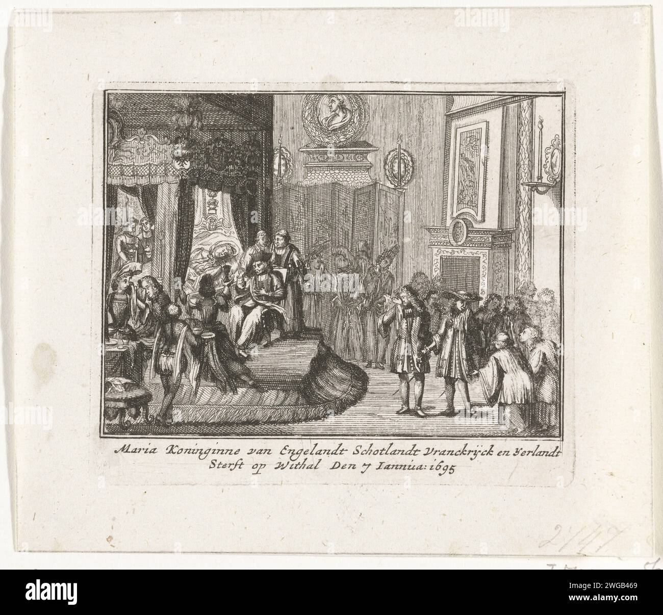 Mort de la reine Maria II Stuart, 1695, 1711 estampe lit de mort de la reine Maria II Stuart, décédée le 7 janvier 1695 au palais de Whitehall. Partie d'une série sur les fortunes de la famille royale anglaise de Stuart de 1558 à 1711, dont seize gravures ont été incluses ici sur la bataille entre Jacobus II et Guillaume III dans les années 1688-1689. Imprimeur : Northern Netherlandsprint fabricant : Northern Netherlandspublisher : Amsterdam paper graving deathbed Whitehall's Palace (Londres) Banque D'Images