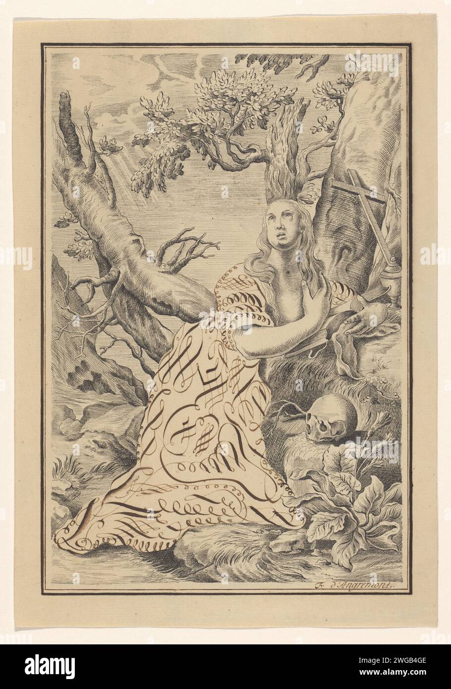 Boetvaardige Maria Magdalena, F. d'Angremont, d'après anonyme, c. 1799 - c. 1900 dessin Maria Magdalena se trouve dans un arbre avec un livre ouvert dans sa main. À côté d'elle se trouvent un pot de pommade et un crucifix. Il y a un crâne au premier plan. Le manteau de Maria Magdalena se compose de formes calligraphiques. papier. Stylo à encre la pénitente harlot Marie Madeleine ; attributs possibles : livre (ou rouleau), couronne, couronne d'épines, crucifix, pot de pommade, miroir, instrument de musique, branche de palmier, rosaire, fléau - aspects spécifiques  sainte femelle. calligraphie Banque D'Images