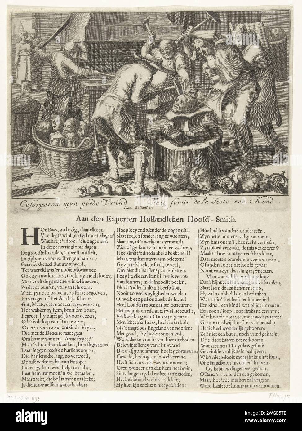 Le forgeage des têtes, 1689, 1689 imprimer le forgeron des têtes, 1689. Caricature sur le père Peters et les catholiques en Angleterre. Dans la tête d'un forgeron du père Peters, trois forgerons sont travaillés avec des mokers afin que le Molenaarskind (le prince de Galles) apparaisse de la tête. Au sol à gauche trois pommes oranges aux pieds du Voorste Smit (probablement le prince Guillaume III), à droite les têtes des rois Jacobus II et Louis XIV Un texte est imprimé en 3 colonnes sur la feuille sous la plaque. Nord des pays-Bas gravure sur papier / impression typographique smith, forgeron. feu, four, Banque D'Images