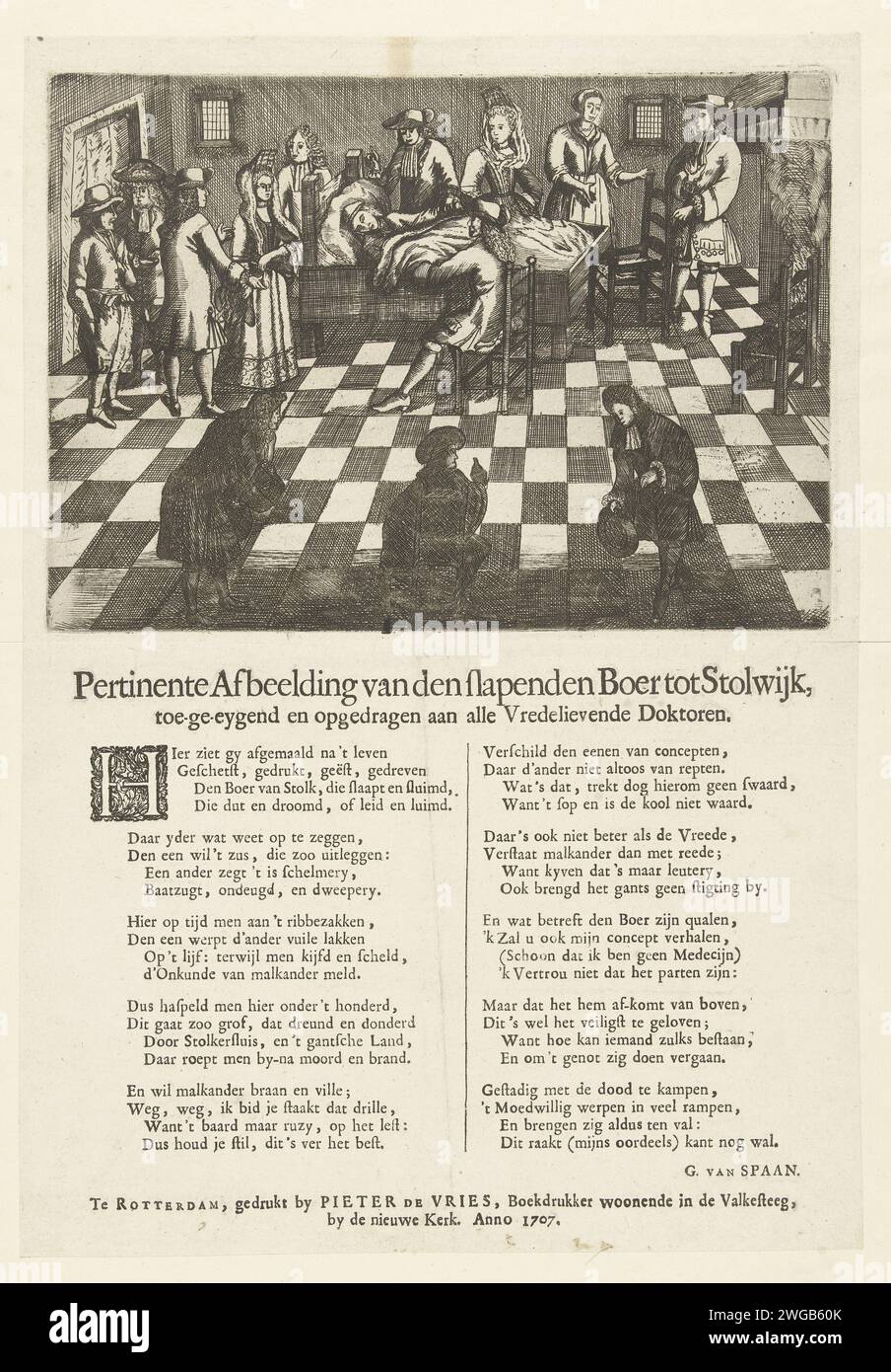 Le fermier endormi de Stolwijk, 1707, 1707 imprimer le fermier endormi de Stolwijk, ou le soi-disant fermier dormant de Stolk. Dirk Klaasz de Bakker a dormi du 29 juin 1706 au 11 janvier 1707 (27 semaines) et après s'être réveillé endormi à nouveau jusqu'au 15 mars 1707. Le fermier dort dans son lit, dans la chambre quelques médecins et visiteurs. Imprimé sur la feuille sous la plaque un verset en 2 colonnes dans lequel la crédulité des médecins et des visiteurs est moquée. Imprimeur : Northern Netherlandspublisher : Rotterdam papier gravure / gravure dormir dans le lit Stolwijk Banque D'Images