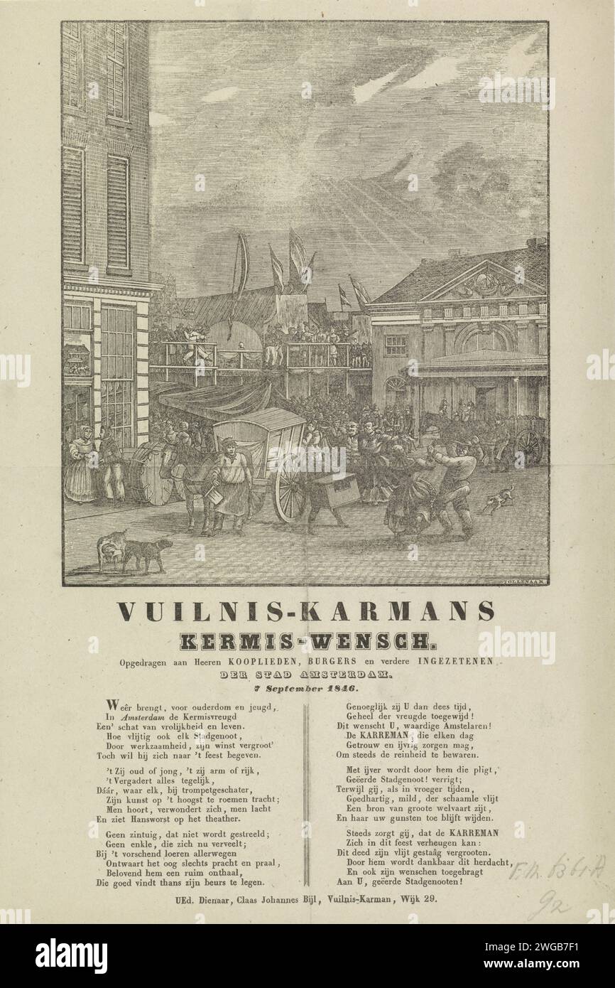 KermisStrent des ordures ménagères d'Amsterdam pour l'année 1846, Dirk Wijbrand Tollenaar, 1846 print KermisStrent des ordures ménagères d'Amsterdam pour l'année 1846. Vue à la foire au Botermarkt avec le Oude Waag. Deux chariots à ordures sur le marché. Avec poème en deux colonnes. De la poubelle carman dans le quartier N ° 29 : Claas Johannes Bijl. Rue d'impression typographique papier Amsterdam. Collecte des ordures Amsterdam. Botermarkt. Waag sur le Botermarkt Banque D'Images