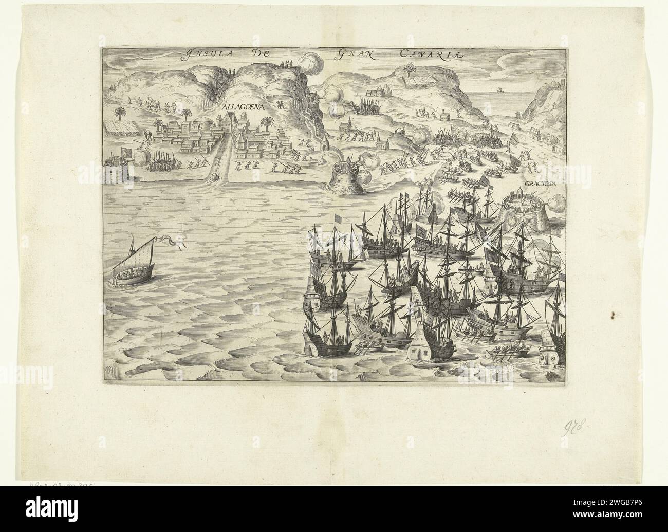 Conquête de Gran Canaria par la flotte de l'amiral Pieter van der Does, 1599, 1610 - 1649 imprimer conquête de l'île de Gran Canaria et de la ville d'Allagona par la flotte d'État de l'amiral Pieter van der Does, 26 juin 1599. Au premier plan la flotte néerlandaise, des forts de la côte, les Espagnols résistent aux navires hollandais. Sur la droite, la forteresse de Graciosa. Bataille de gravure sur papier du nord des pays-Bas (+ force navale) Gran Canaria. Allagona Banque D'Images