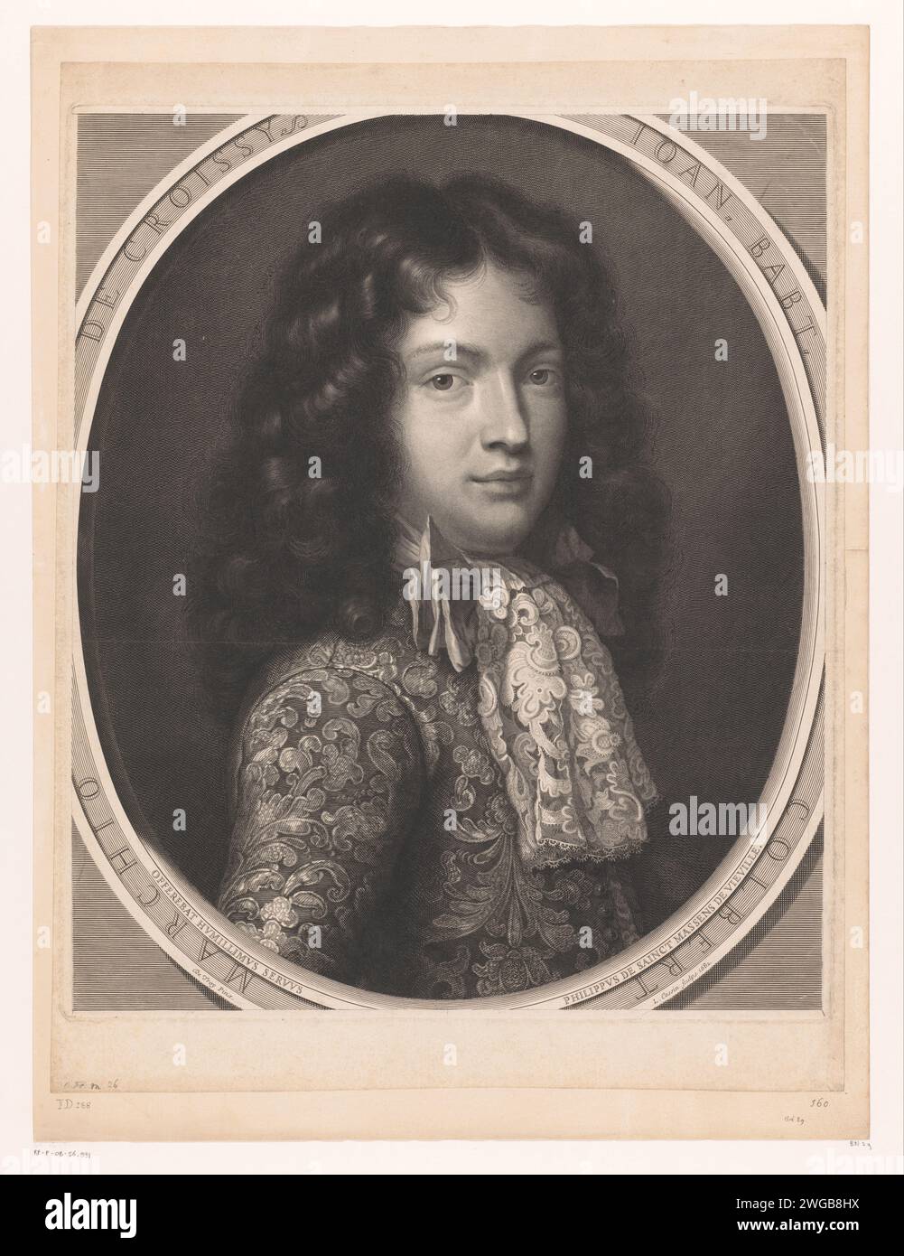 Portret van Jean-Baptiste Colbert, Louis Cossin, d'après de Troie, 1682 gravures sur papier gravant des personnages historiques. politicien, p. ex. chef de parti. dentelle Banque D'Images