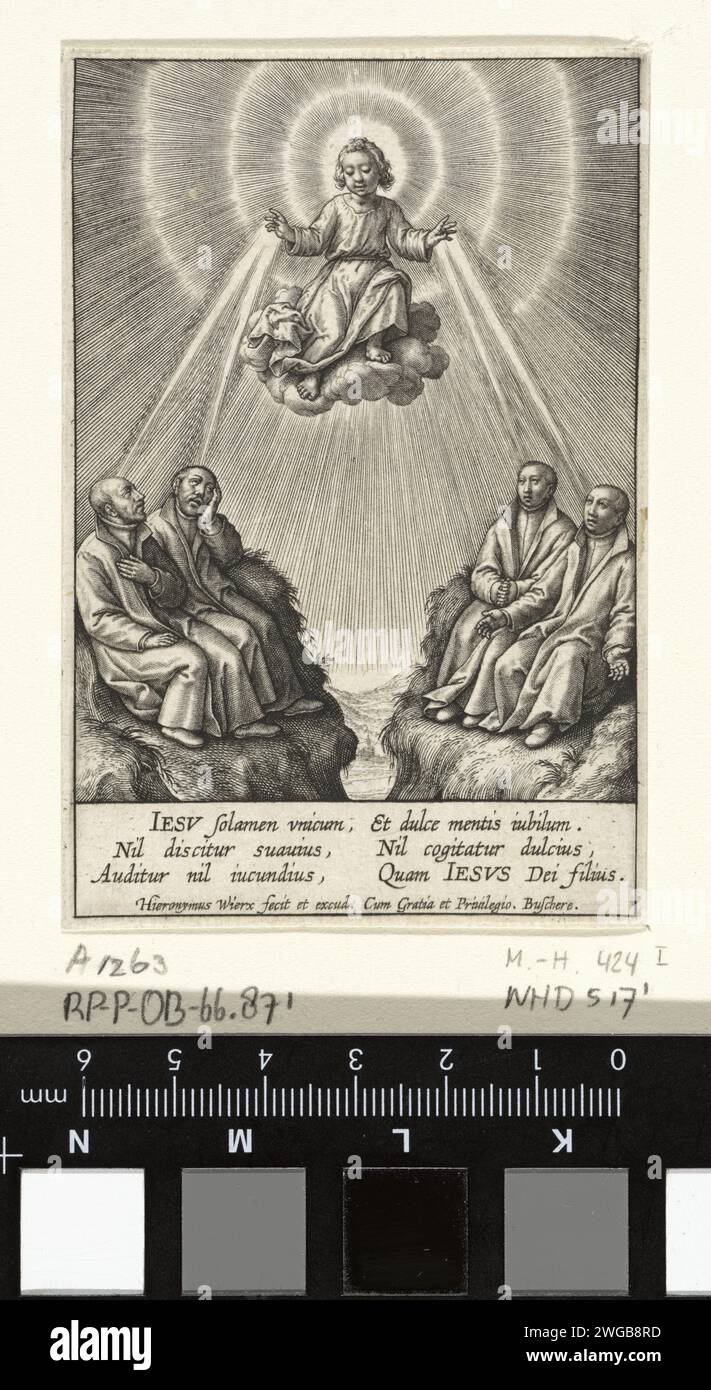 Christ enfant avec les Jésuites, Hieronymus Wierix, 1563 - avant 1619 impression d'un nuage, le Christ enfant bénit les quatre Jésuites Ignace de Loyola, François Xavier, Aloysius Gonzaga et Stanislaus Kostka. Dans la marge, une légende bidirectionnelle avec une affectation en latin. Anvers gravure sur papier Christ-enfant (avec attributs). Le frère jésuite Aloysius Gonzaga ; attributs possibles : crucifix, discipline, lis, crâne. Le missionnaire jésuite Francis Xavier ; attributs possibles : croix, crucifix, cœur enflammé, indien, lily, torche. Le fondateur de l'ordre des Jésuites, Ignace de Loyola ; attributs possibles : bo Banque D'Images