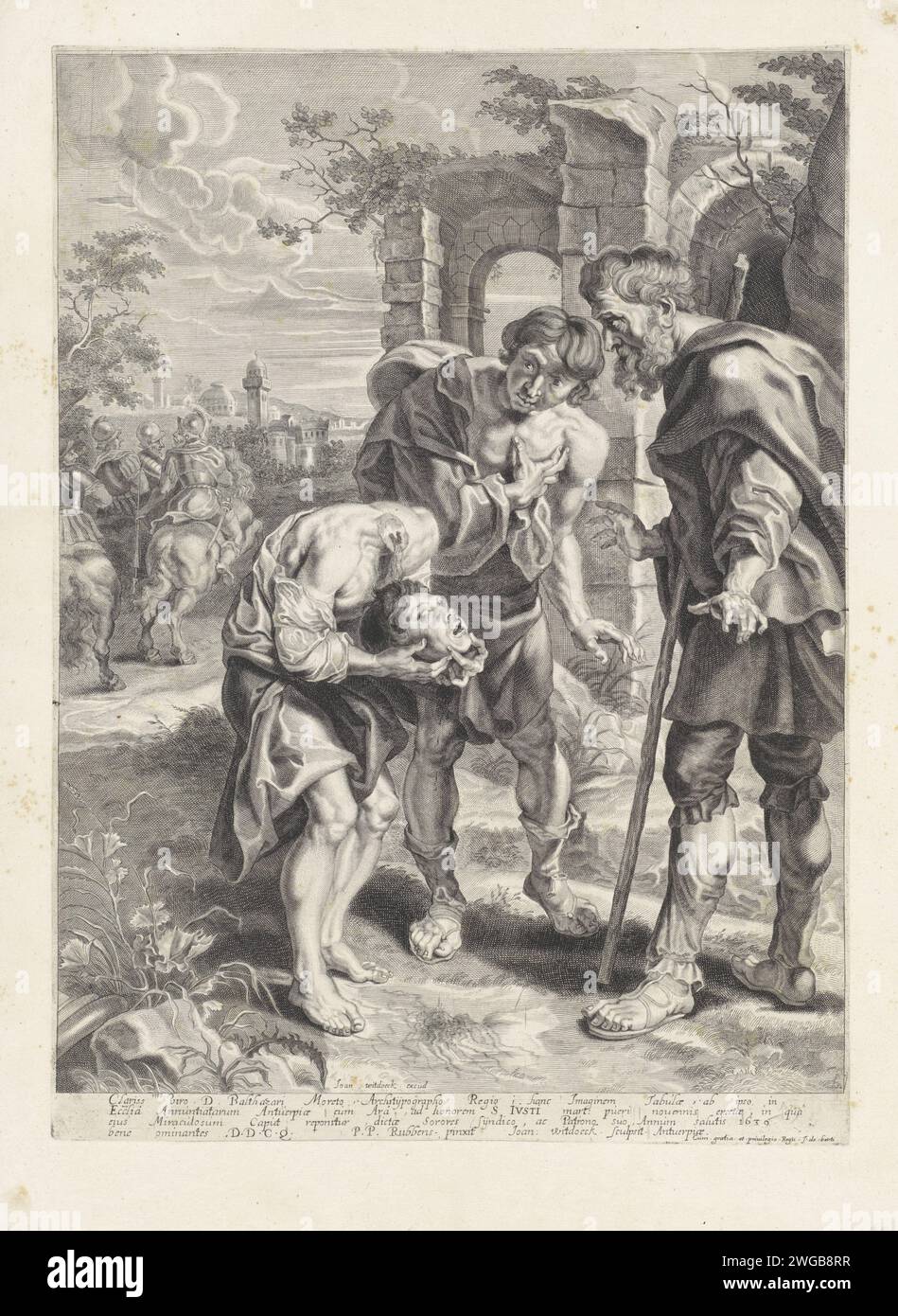 H. Justus, Hans Witdoeck, d'après Pierre Paul Rubens, 1639 estampe Saint Justus porte sa tête après sa décapitation. Anvers gravure sur papier St. Justus de Beauvais comme « céphalophore », portant sa tête dans ses mains après sa décapitation Banque D'Images