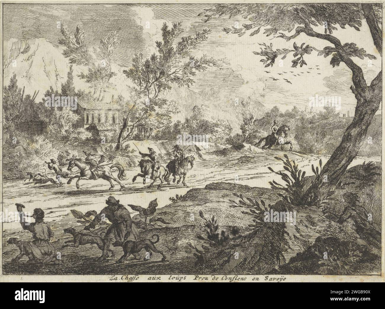 Chasse au loup à conflans, Savoie, Jan Vincentz. Van der Vinne, d'après Vincent Laurensz. Van der Vinne (II), 1688 - 1721 imprimer chasseurs à cheval avec des chiens sur une route, devant une maison à conflans en Savoie. Au premier plan des hommes avec des chiens, dont l'un souffle sur une corne de chasse. Chasse à la gravure sur papier Haarlem  animaux prédateurs (renard, lion). chasse, chasse. chiens de chasse. Chasse à la corne de Savoie Banque D'Images