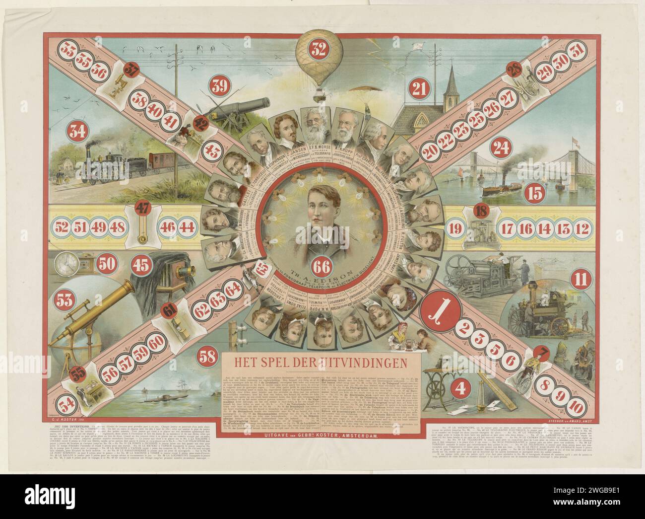 Le jeu des inventions, 1889 - 1918 impression. Jeu de plateau de jeu avec le portrait central de Thomas Edison. Autour du portrait, une bague avec 20 portraits plus petits d'inventeurs, dont Galileo Galilei, Samuel Morse, James Watt et Laurens Koster. Autour des portraits de leurs inventions et 66 boîtes numérotées. Au milieu des règles en néerlandais en deux colonnes. Gauche et en bas à droite les règles en français en deux colonnes. Amsterdam papier invention, découverte  science et technologie. jeux de société de hasard. jeux de société Banque D'Images