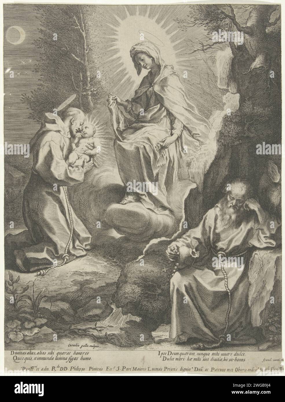 H. Franciscus van Assisi a une vision de Maria et de l'enfant, Cornelis Galle (I), d'après Francesco Vanni, 1586 - avant 1633 imprimer le Saint François d'Assise est dans un paysage rocheux. Il est en contemplation avec un crâne et un chapelet priant. Sur la droite, vous pouvez voir comment il tient l'enfant Christ dans ses bras dans une vision et adorer Marie. Sienne papier gravure la Vierge Marie remettant le Christ enfant à Saint François d'Assise Banque D'Images