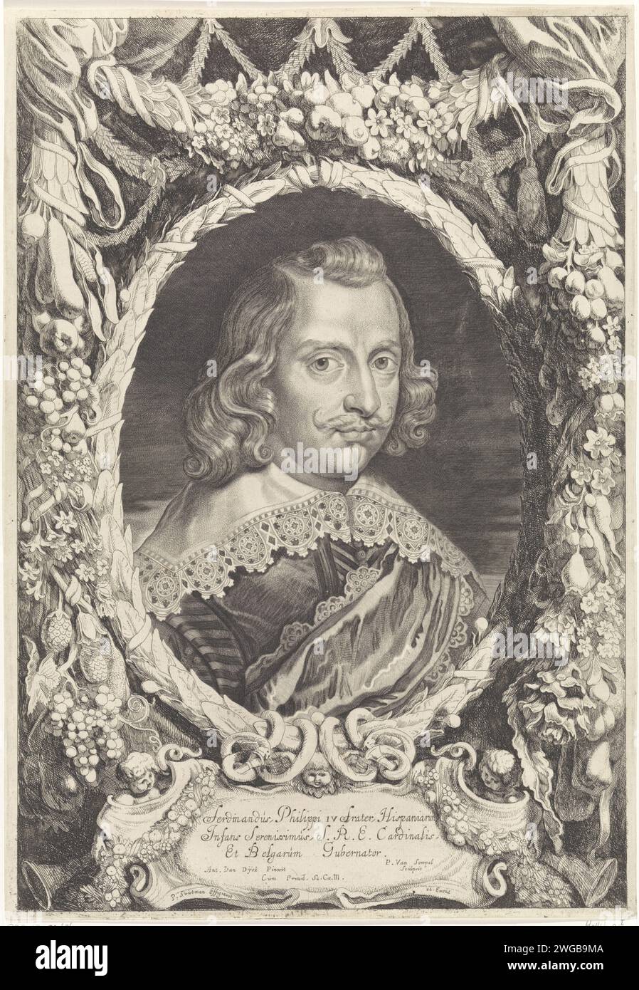 Portrait de Ferdinand d'Autriche, gouverneur des pays-Bas du Sud, Pieter van Sompel, d'après Anthony van Dyck, d'après Pieter Claesz. Soutman, 1644 - 1650 tirage Portrait de Ferdinand d'Autriche, gouverneur des pays-Bas du Sud. Le portrait est encadré par des guirlandes avec des fruits. Sous le portrait un cartouche avec son nom, sa relation de famille avec le roi espagnol Philippe IV et ses titres en latin. gravure sur papier / gravure Banque D'Images