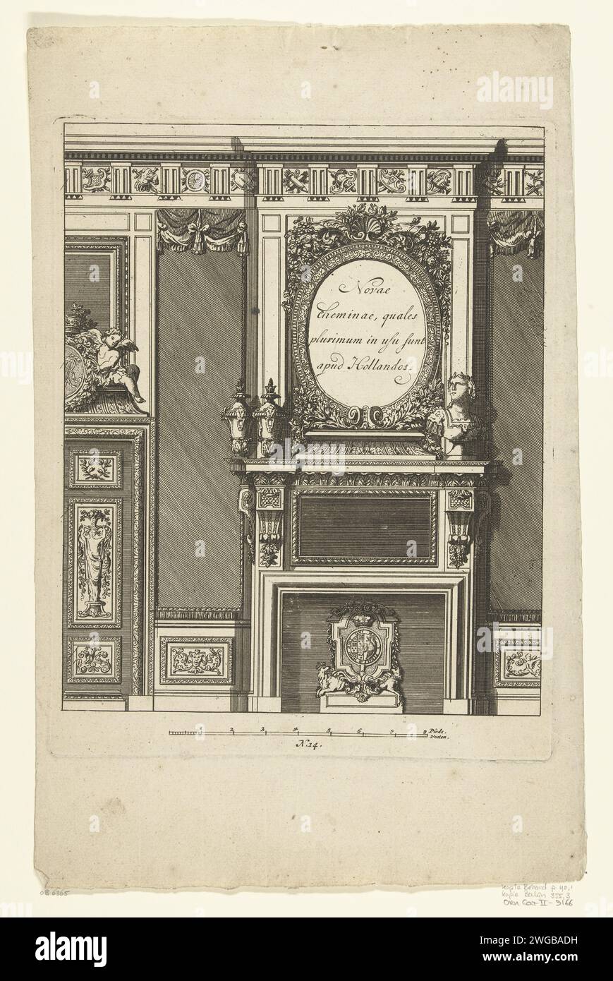 Titelblad : New Cheminae, après 1703 - avant 1800 imprimer cheminée avec le titre de la série dans un miroir ovale. Il y a deux vases et un Keizersbuste pour ça. Dans la cheminée, il y a une firme avec un blason anglais. Moitié gauche d'une porte avec monogramme couronné wr. Le numéro de série est ci-dessous : N. 14. Copie à imprimer tirée des nouvelles cheminée faites et Plusieur et droits de la Hollande et autres Prouinces. Pays-Bas (peut-être) gravure sur papier Banque D'Images