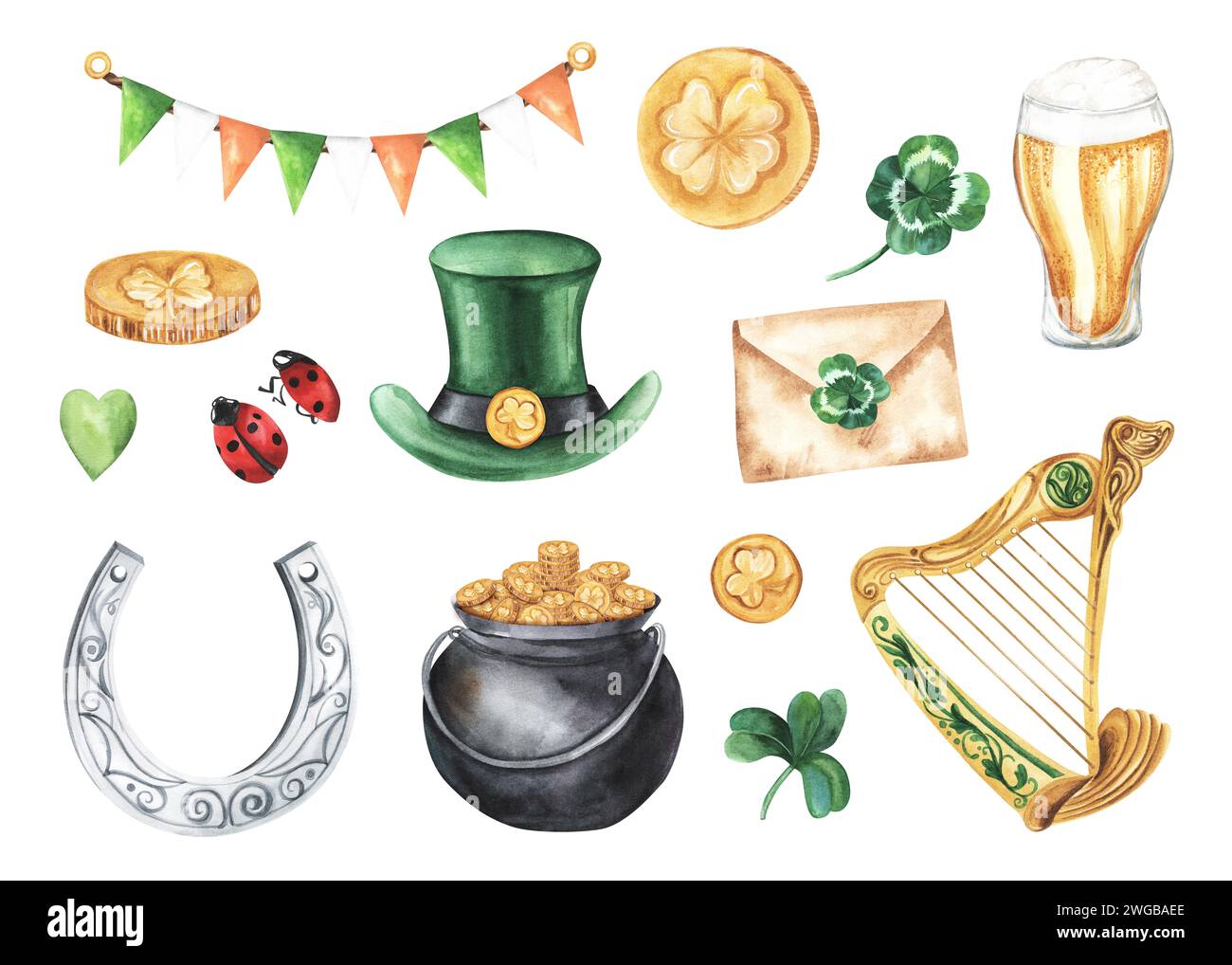 Définir pour St. La journée de Patrick avec chapeau vert, coeur vert, harpe, bière, trèfle et fer à cheval, enveloppe, pot d'or ; illustration de dessin à la main à l'aquarelle ; Banque D'Images