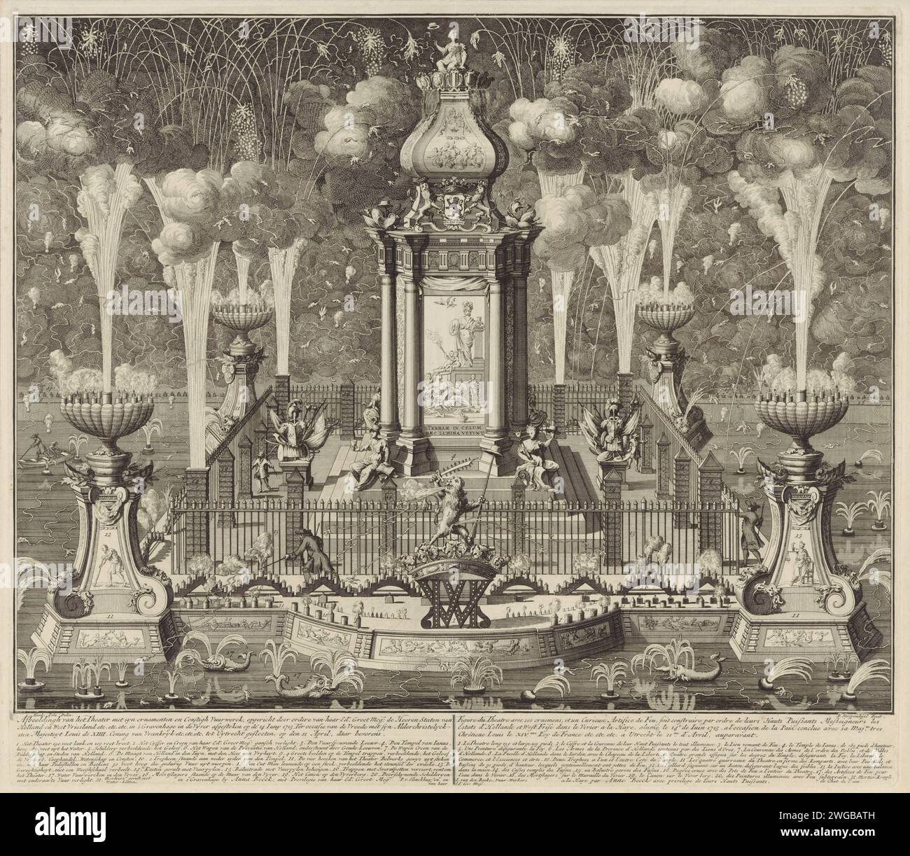 Feux d'artifice à la célébration de la paix d'Utrecht, 1713, Daniël Stopendaal, d'après Hendrik Pola, 1713 estampes avec feux d'artifice commandées par les États de Hollande et de Frise occidentale sur la Hofvijver à la Haye lors de la célébration de la paix d'Utrecht, le 14 juin 1713. Le temple de Janus est décerné par la vierge néerlandaise avec liberté dans le jardin Hollandse. Le temple est entouré de figures assises de la foi, de la liberté, du commerce, de la science et des arts Dans divers endroits, les hommes sont occupés à allumer les feux d'artifice. En bas du titre et légende 1-21 en néerlandais et français. Les noms o Banque D'Images