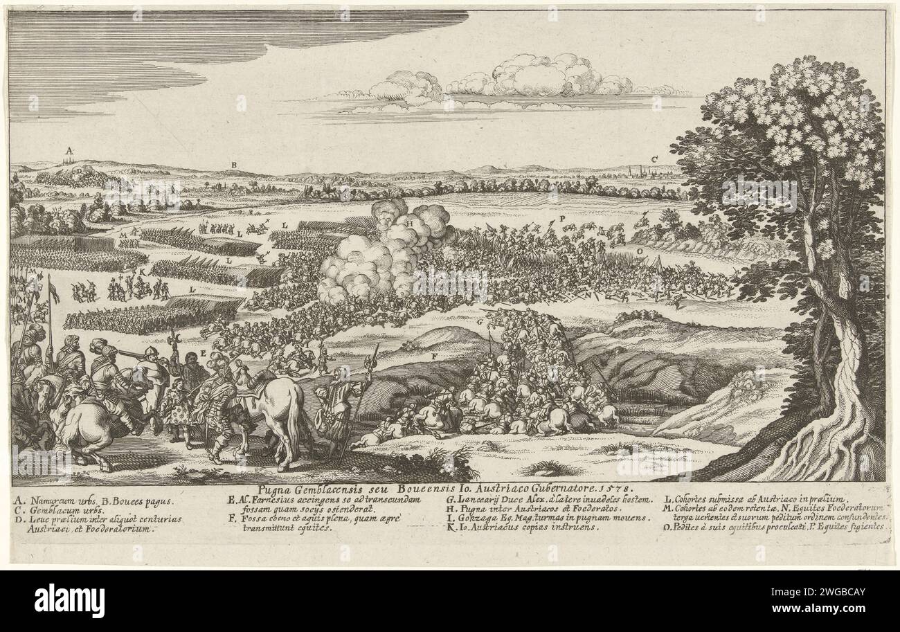 Bataille de Gembloers, 1578, 1649 - 1651 imprimer bataille de Gembloers, 31 janvier 1578. Bataille dont l'armée d'État est vaincue par l'armée de Farnèse. Au loin les noms des villes et Gembloux. En haut une banderole avec le titre et la légende A-P en latin. Rome papier gravure bataille Merboux. Noms (ville) Banque D'Images