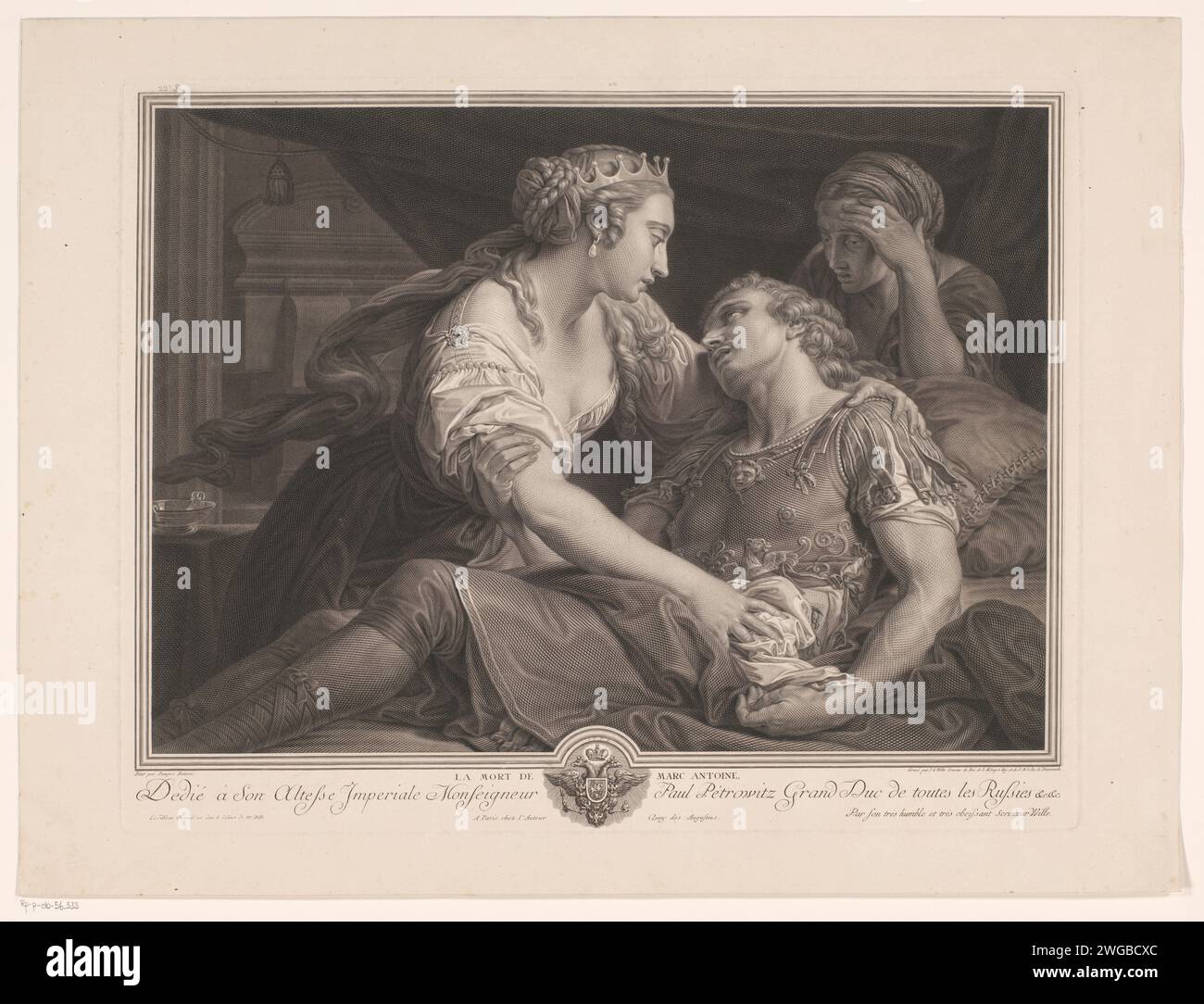 Marcus Antonius meurt dans les bras de Cléopâtre, Johann Georg Wille, d'après Pompeo Batoni, 1778 estampe en haut à gauche : 22e PLA. Paris gravure sur papier mort de Marc Antoine : il meurt après s'être poignardé : Cléopâtre pleure à son chevet. roulement armorial, héraldique Banque D'Images