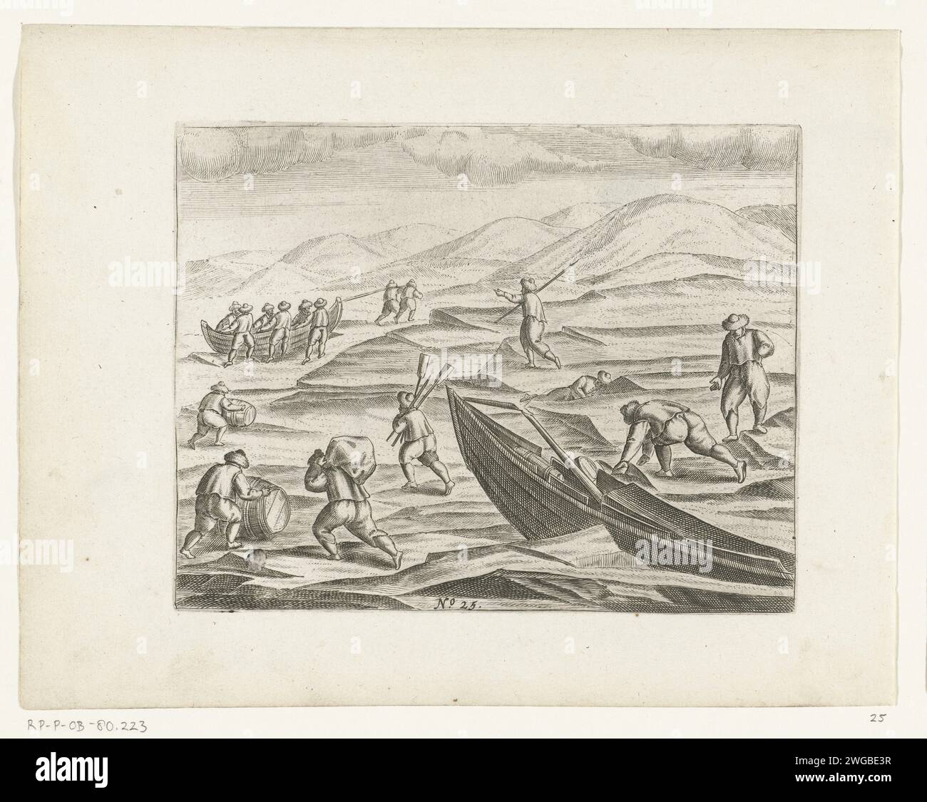 Le sloop écrasé est déchargé, 1597, 1615 - 1617 imprimer le sloop écrasé par la glace glissante est déchargé à nouveau, le 1 juillet 1597. Copies des illustrations originales du voyage de Willem Barendsz et Jacob van Heemskerck en 1596-1597 et du séjour sur l'île de Nova Zembla, no 25. Nord des pays-Bas gravure sur papier exploration, expédition, voyage de découverte. Les paysages des régions polaires gardent des huys. Nova Zembla Banque D'Images