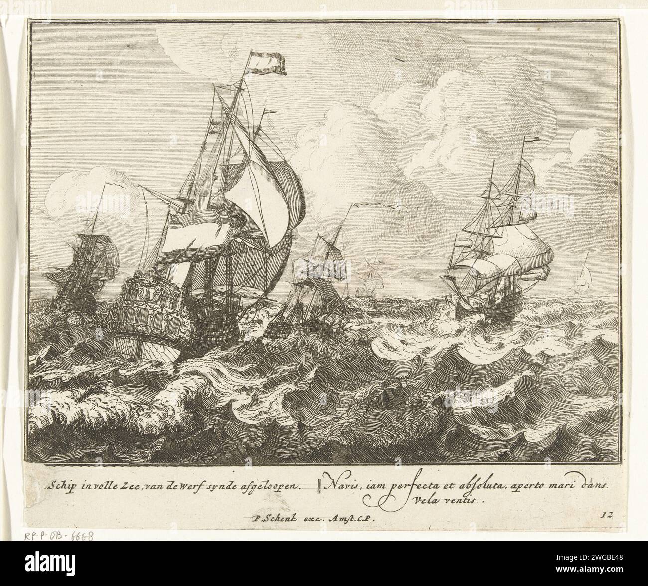 Le navire en haute mer, plaque no 12, ca. 1700, 1690 - 1710 imprimer le navire naviguant en haute mer. No 12 d'une série de 16 gravures sur lesquelles sont représentées la construction et la fortune d'un navire. Avec des légendes en néerlandais et en latin. Imprimeur : Northern Netherlandspublisher : Amsterdam paper graving bateaux (en général) (+ propulsion de véhicule, bateau, etc. Par vent) Banque D'Images