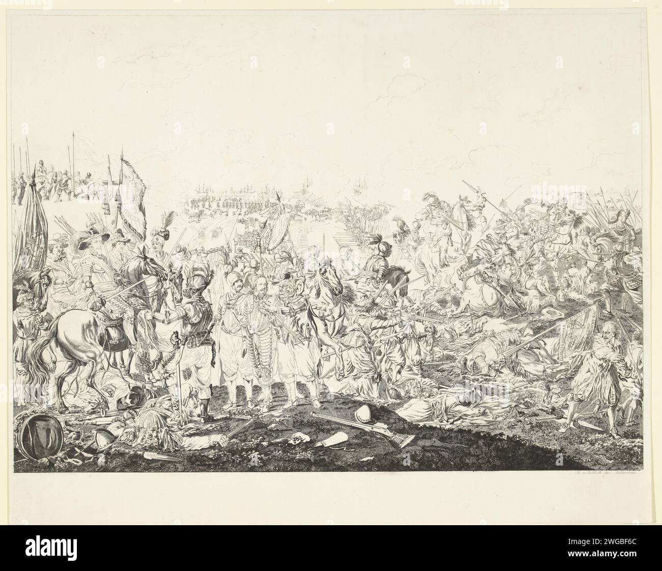 Maurits remporte la victoire à la bataille de Nieuwpoort, 1600, 1775 - 1791 imprimer la bataille de Nieuwpoort, 2 juillet 1600. Au premier plan à gauche, le prince Maurits à cheval, entouré de soldats et d'officiers, le Franciscus emprisonné de Mendoza est conduit au prince. La bataille fait rage en arrière-plan. Preuve de l'état inachevé. Bataille de gravure sur papier des pays bas (+ forces terrestres) Nieuwpoort (Belgique) Banque D'Images