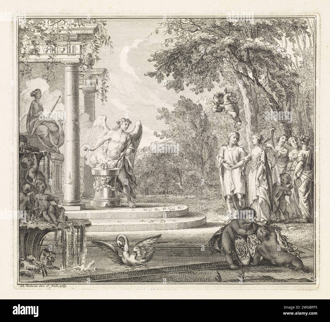 Performance allégorique au mariage, Reinier Vinkeles (I), 1763 imprimer quelques-uns est relié dans le réel par un ange qui se tient devant un temple par un feu sacré. Dans le temple, il y a une image de la déesse du mariage Juno avec son paon. Au premier plan une fontaine avec un cygne et deux putti. Amsterdam gravure sur papier / gravure (civil) cérémonies de mariage. cupidons : 'amores', 'amoretti', 'putti'. (Histoire de) Cupidon, Amor (Eros). (Histoire de) Juno (Hera) Banque D'Images