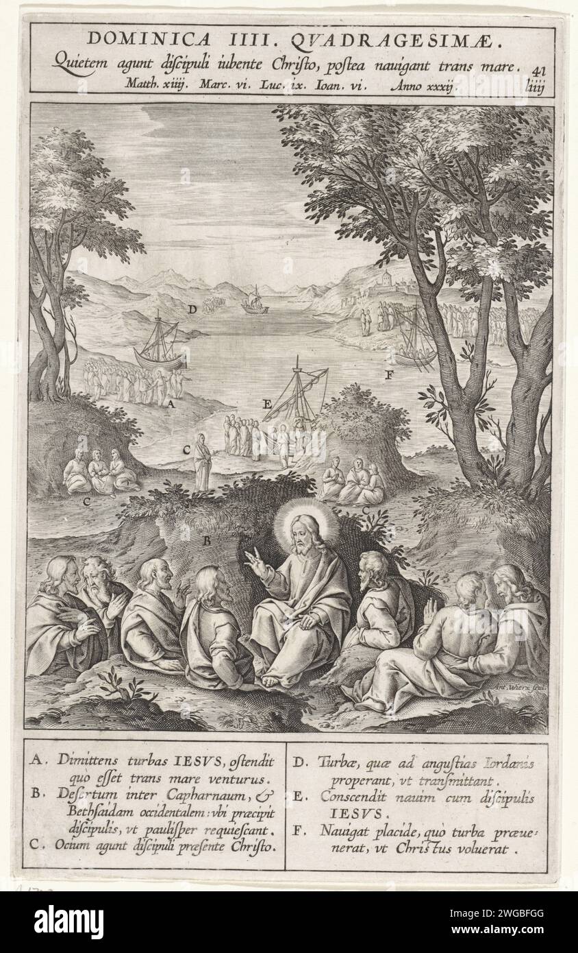 Christ entre ses élèves, Antonie Wierix (II), après Bernardino Passeri, 1593 imprimer Christ est assis au milieu de ses élèves sur la montagne de l'autre côté du lac de Galilée. Divers éléments de la performance sont des lettres qui correspondent à la légende dans la marge. Papier Anvers gravé Christ priant sur la montagne : les disciples attendant dans un bateau Banque D'Images