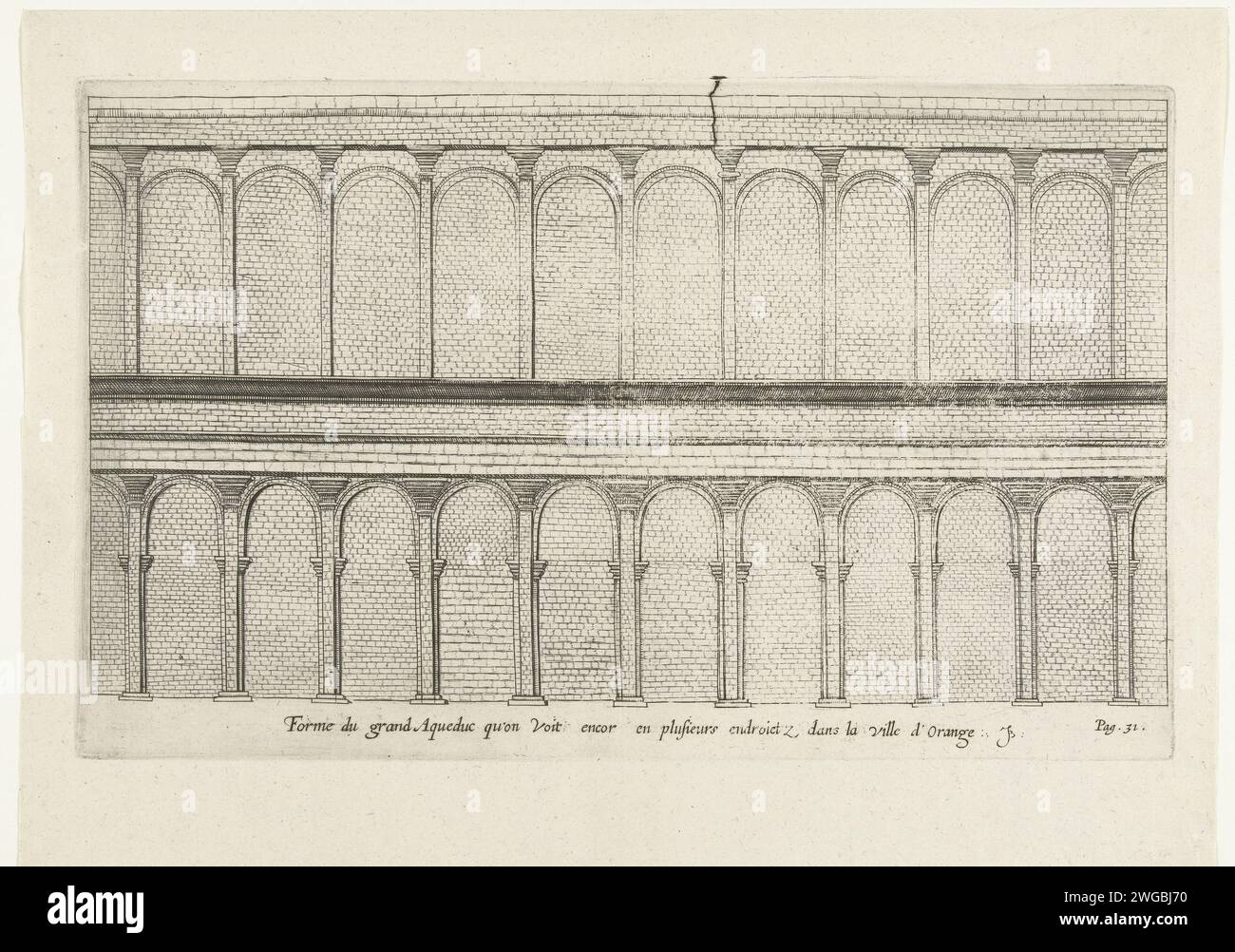 Aqueduc d'Orange, 1639, 1637 - 1640 print reconstruction de l'aqueduc romain d'Orange. Marqué en bas à droite : p. 31. France papier gravure aqueduc ( approvisionnement en eau) Orange Banque D'Images