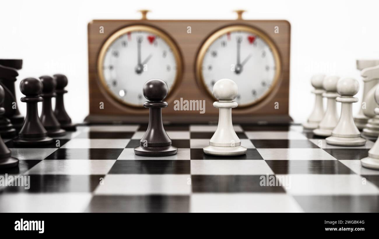 Horloge d'échecs rétro en bois et tableau d'échecs isolés sur fond blanc.Illustration 3D. Banque D'Images