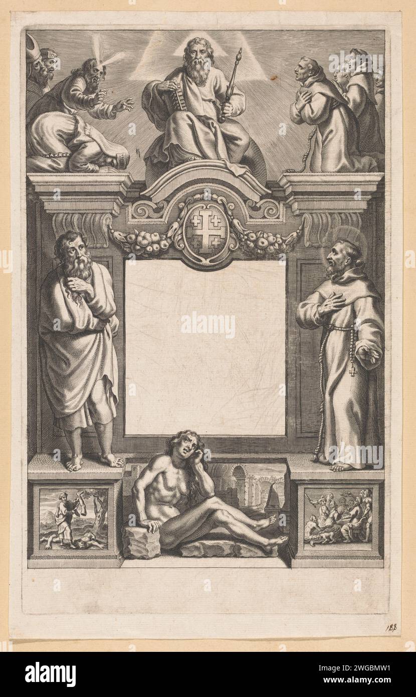 Dieu entouré de figures bibliques et saint, Cornelis Galle (I), d'après Pierre Paul Rubens, d'après Erasmus Quellinus (II), 1637 - 1639 imprimer Dieu le Père qui tourne sur une étable perçante, avec un sceptre et un livre dans ses mains. Quitta Moïse, Aaron et Zacharie. Représentants de droite de l'ordre de mendicité. Au milieu un blanc juste avant le titre du livre. Au-dessus d'elle une arme avec une grande croix grecque et quatre plus petites croix. Sud des pays-Bas gravure sur papier Dieu le Père (en tant que vieil homme barbu) intronisé, généralement avec couronne ou tiare, et avec sceptre et/ou globe. Groupes de personnes de l'ancien T Banque D'Images