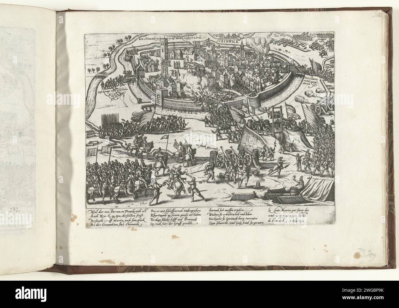 Prise de Steenwijk par Maurits, 1592, 1592 - 1594 imprimer Siège et fusillade de Steenwijk par l'armée d'État sous le prince Maurits et reddition de l'occupant espagnol, 4 juillet 1592. À droite du milieu, le mur de terre surélevé avec tour en bois, un soi-disant chat, à partir duquel la ville est tirée. Une explosion sous le mur de la ville a lieu à deux endroits. En haut à gauche, les troupes espagnoles quittent la ville. Avec légende de 12 lignes en allemand et 3 lignes en français. Non numéroté. Fortifications de gravure de papier de Cologne, génie militaire quartier de pierre Banque D'Images