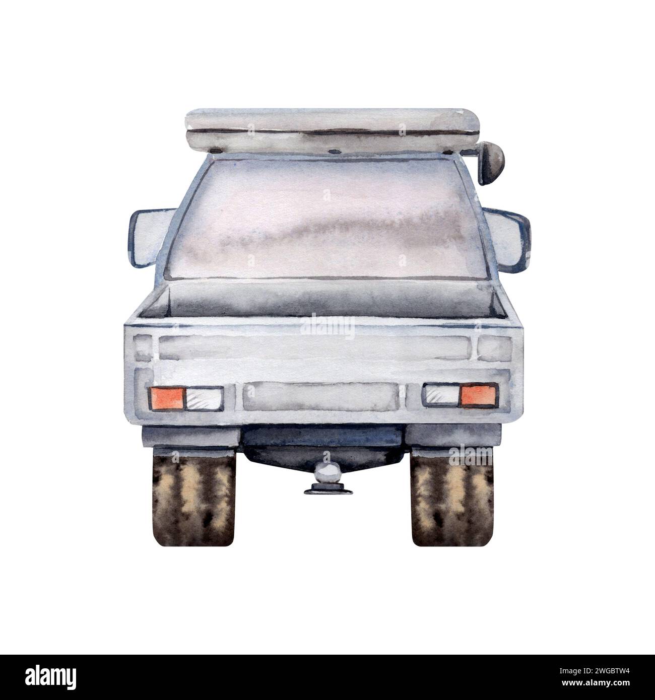 Vue arrière voiture blanche avec galerie de toit. Élément dessiné à la main pour l'aventure, le tourisme, le tourisme, l'extérieur, 4x4 hors route, réparation automobile. Illustration aquarelle Banque D'Images