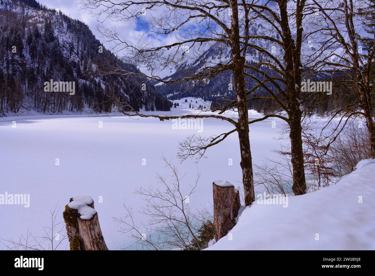 Obersee gelé et couvert de neige en hiver, Glaris, Parc National de Berchtesgaden, Bavière, Suisse Banque D'Images