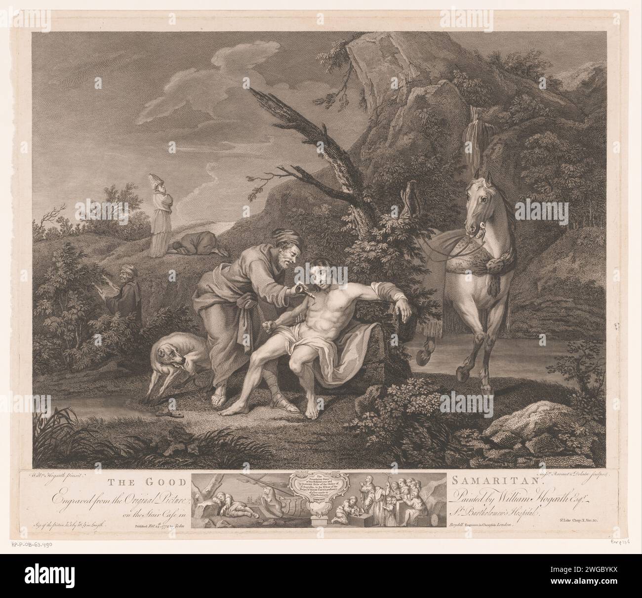 Parabole du Miséricordieux Samaritain, Simon François Ravenet (le Vieux), d'après William Hogarth, 1772 print London papier gravure / gravure le bon Samaritain (Luc 10:30-37) Banque D'Images