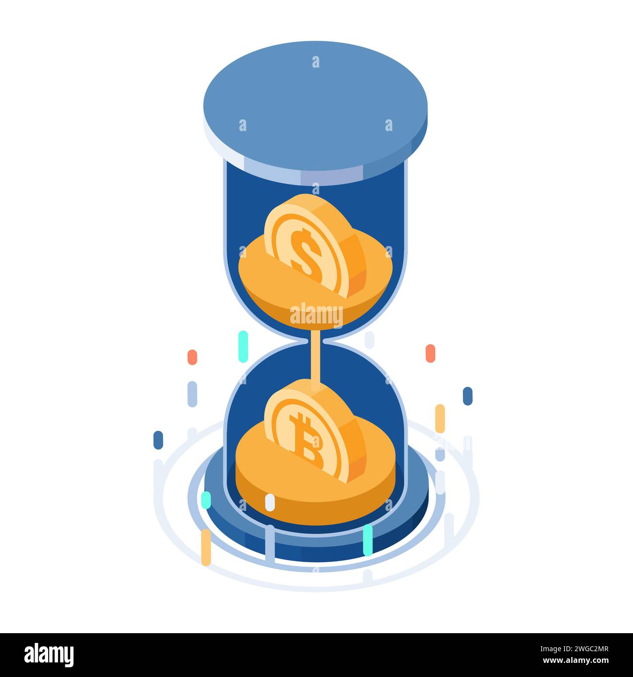 Flat 3d Isometric Dollar transformé en Bitcoin à l'intérieur de HourGlass. Fiat Money et concept d'échange de crypto-monnaie Illustration de Vecteur