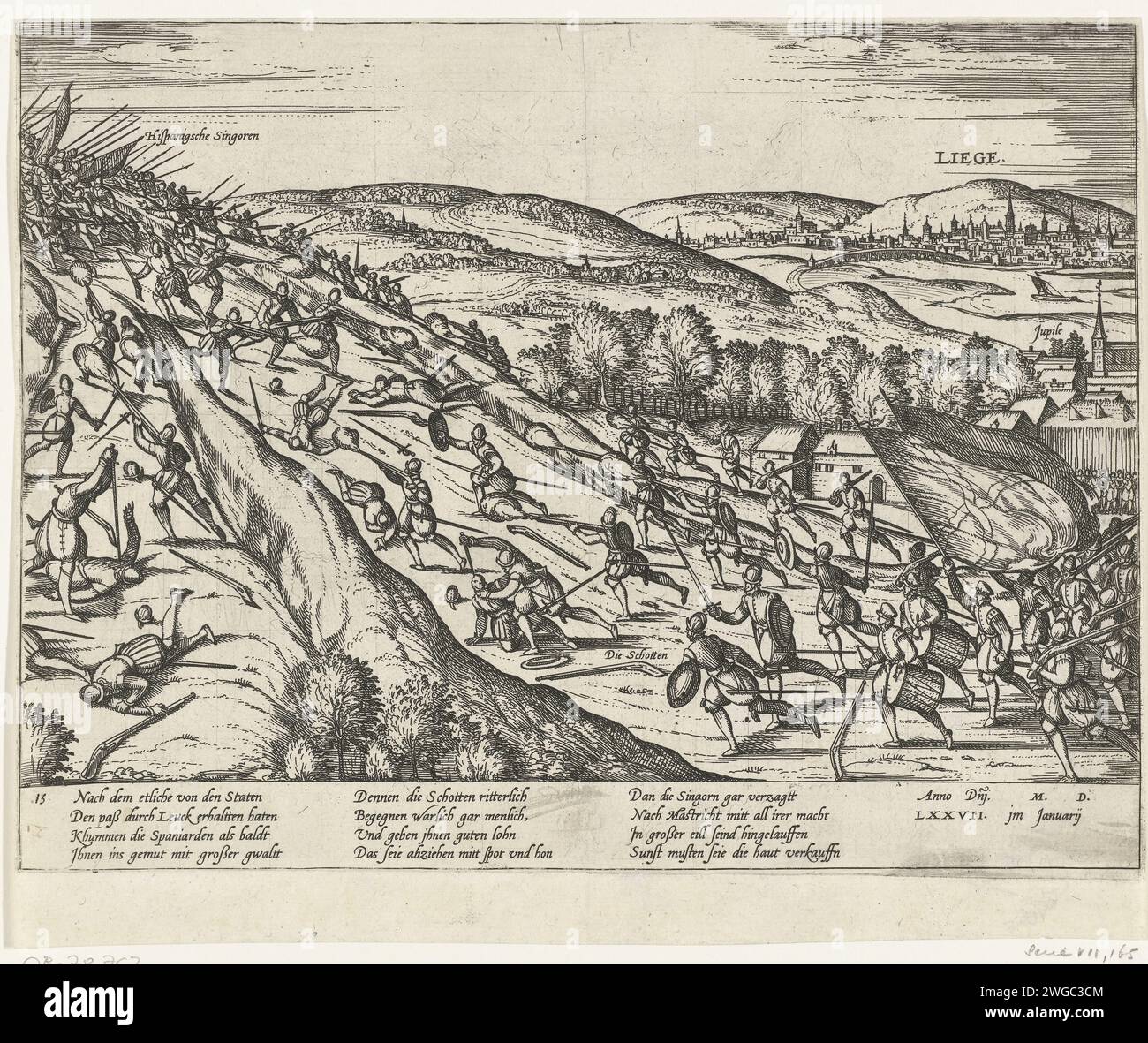 Les Espagnols vaincus à Liège, 1577, 1577 - 1579 imprimer les Espagnols vaincus et chassés lors d'une bataille à Liège, janvier 1577. Avec légende de 12 lignes en allemand. Numéroté : 15. Bataille de gravure de papier de Cologne, combattant en général Liège Banque D'Images