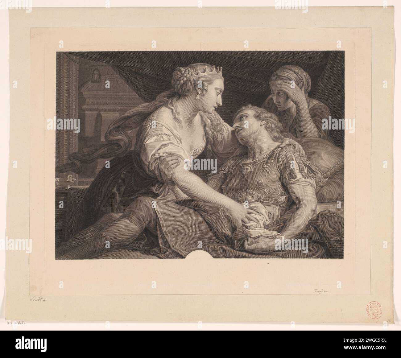 Marcus Antonius meurt dans les bras de Cléopâtre, Johann Georg Wille, après Pompeo Batoni, 1778 gravure sur papier mort de Marc Antoine : il meurt après s'être poignardé : Cléopâtre pleure à son chevet Banque D'Images