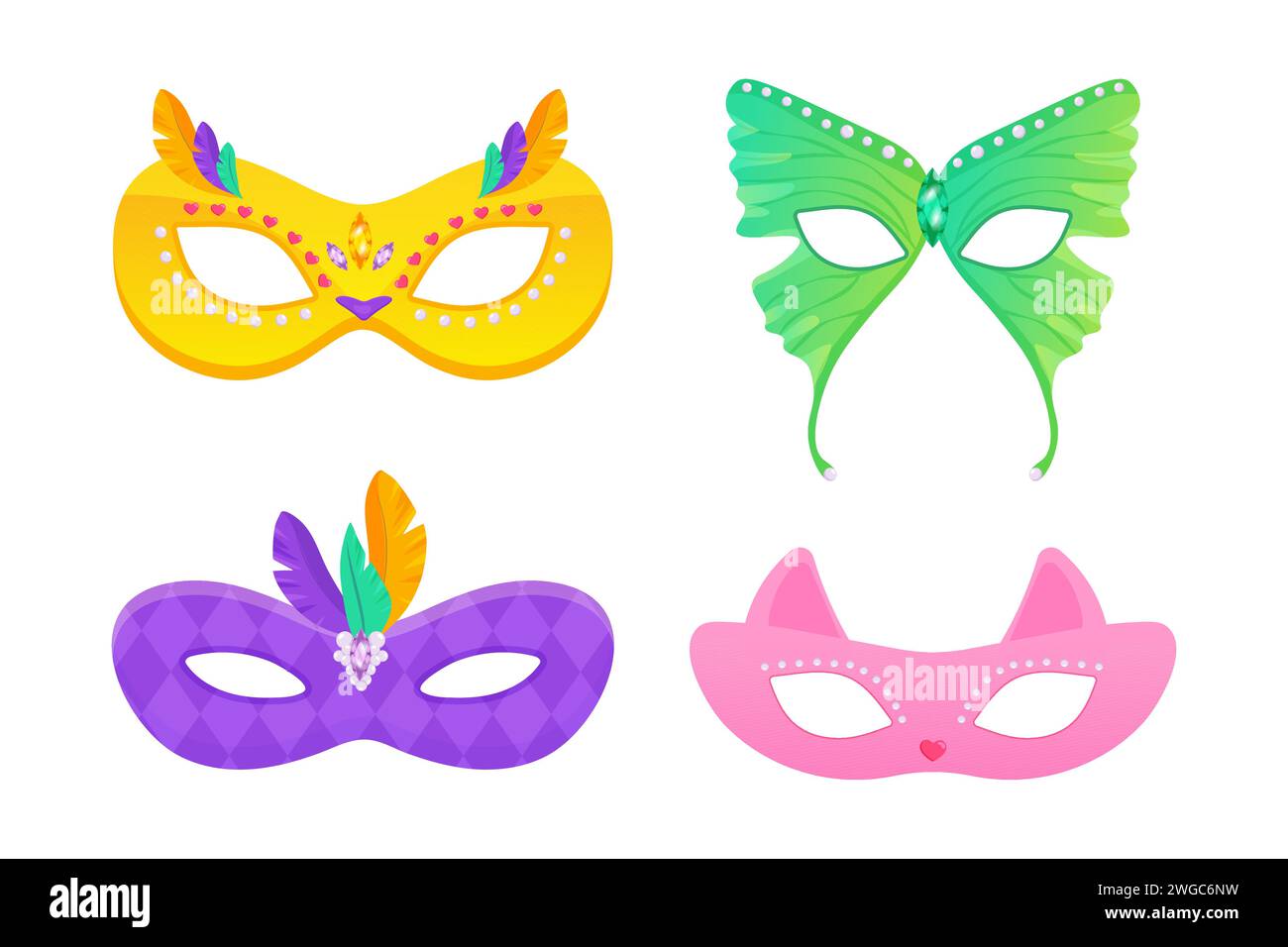 Ensemble de masques de carnaval hibou, chat, plumes et papillon, pour mascarade, pourim et mardi gras. Sur fond blanc Illustration de Vecteur