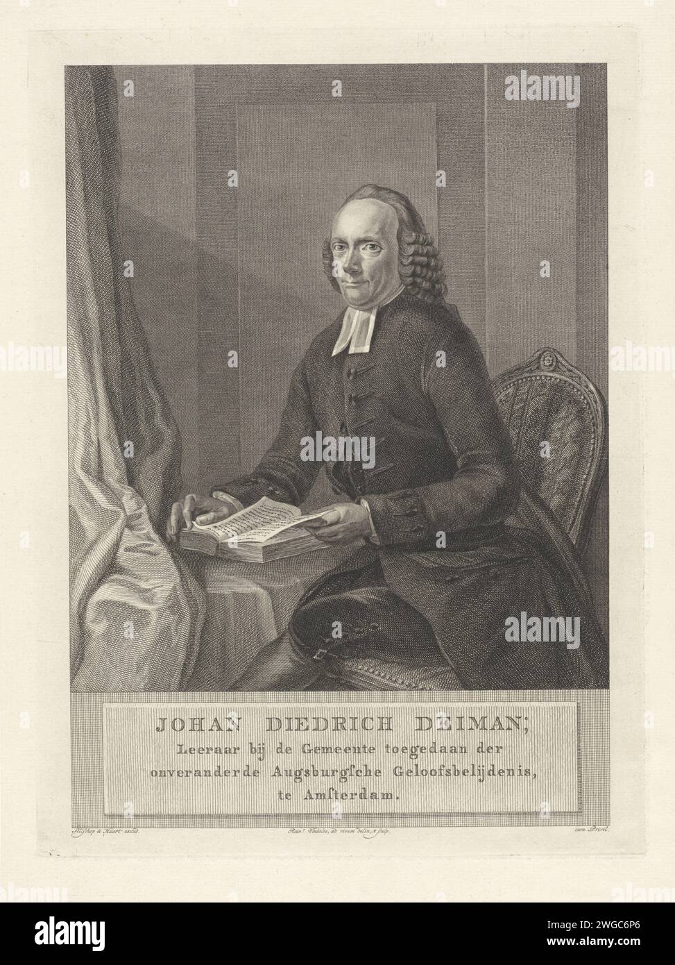 PortraT van Johan Diedrich Deiman, Reinier Vinkeles (I), 1779 - 1792 print Portrait de Johan Diedrich Deiman, pasteur luthérien à Amsterdam, assis sur une chaise avec une Bible ouverte pour lui. Amsterdam gravure sur papier / gravure Banque D'Images