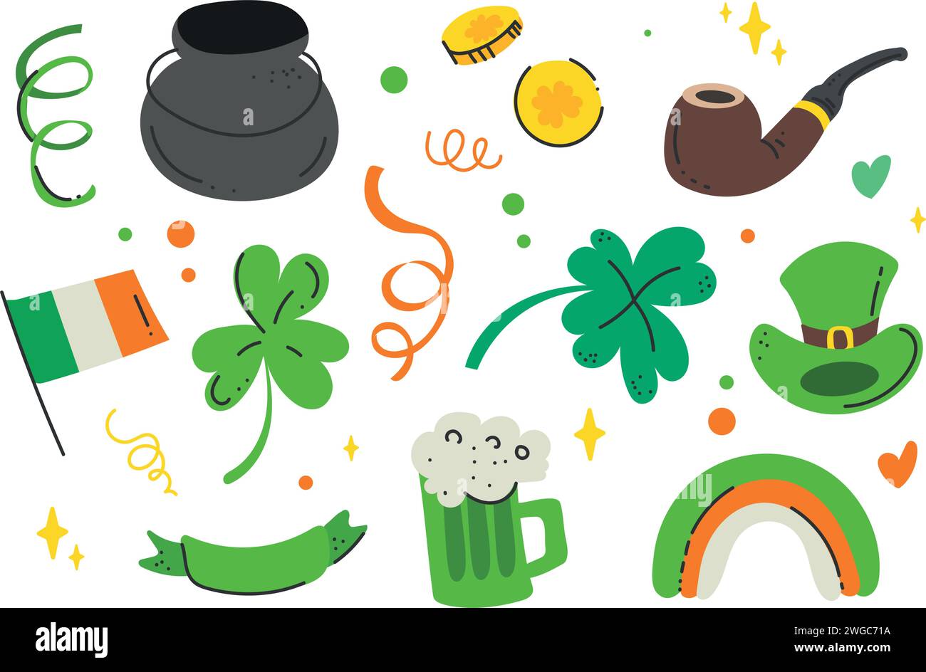 Dessinez des éléments de doodle d'illustration vectorielle pour le style de dessin animé de la Saint Patrick. Chapeau de Leprechaun, arc-en-ciel, bière, pipe, shmarock, trèfle, drapeau de l'irlande. Illustration de Vecteur