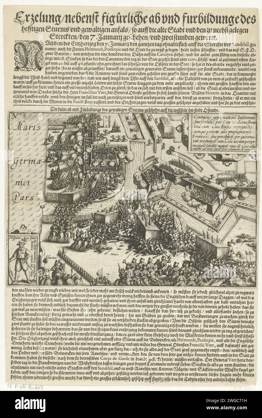 Prise d'Ostende, 1602, 1602 - 1604 imprimer prise lourde des défenses d'Ostende par les troupes espagnoles sous Albrecht, le 7 janvier 1602. En bas à gauche un pari avec une photo d'une femme soldat espagnole impliquée dans les combats, un cartouche avec une inscription en latin. Imprimé sur une feuille avec des textes en allemand, ci-dessous et au-dessus de la performance. Numéroté : n° 3. Siège de la gravure sur papier / impression typographique des pays bas, guerre de position. Bataille (+ forces terrestres) Ostende Banque D'Images