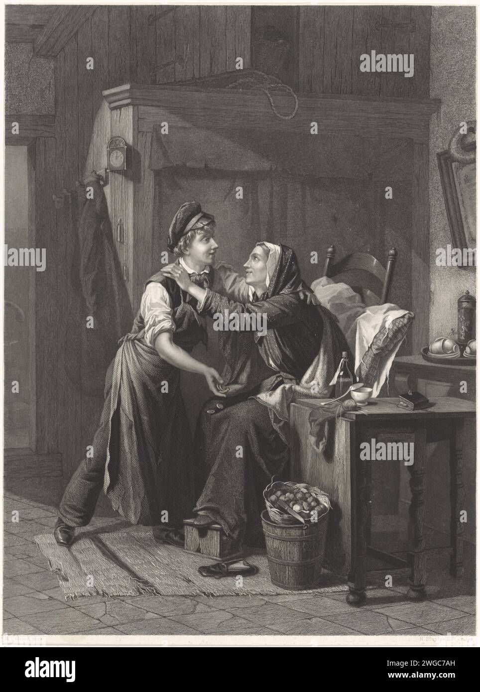 La femme embrasse le garçon, Hendrik D. Jzn Sluyter, d'après Moritz Calisch, 1854 - 1931 imprimer dans un intérieur simple, il y a une femme âgée, malade sur une chaise avec ses pieds sur un ragoût et un oreiller dans le dos. Elle embrasse un jeune homme avec une casquette, qui jette de l'argent sur ses genoux. Sur la table à côté d'elle se trouvent un livre et un tricot. A côté d'elle un bol avec cuillère. Sur le sol un panier avec des tubercules ou des pommes de terre et un éplucheur. Derrière elle sur une table un service à café avec des tasses. Amsterdam gravure sur papier / gravure couple inégal, couple mal assorti. cafetière. livre Banque D'Images