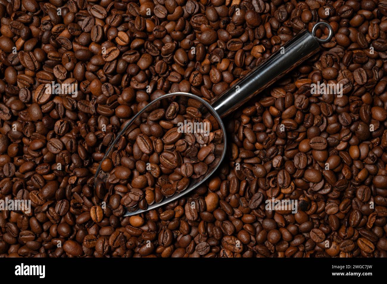 , Food, 04.02.2024, Eine dichte Ansammlung von gerösteten Kaffeebohnen füllt das Bild, zentral akzentuiert durch einen glänzenden Metallkaffeelöffel. Banque D'Images