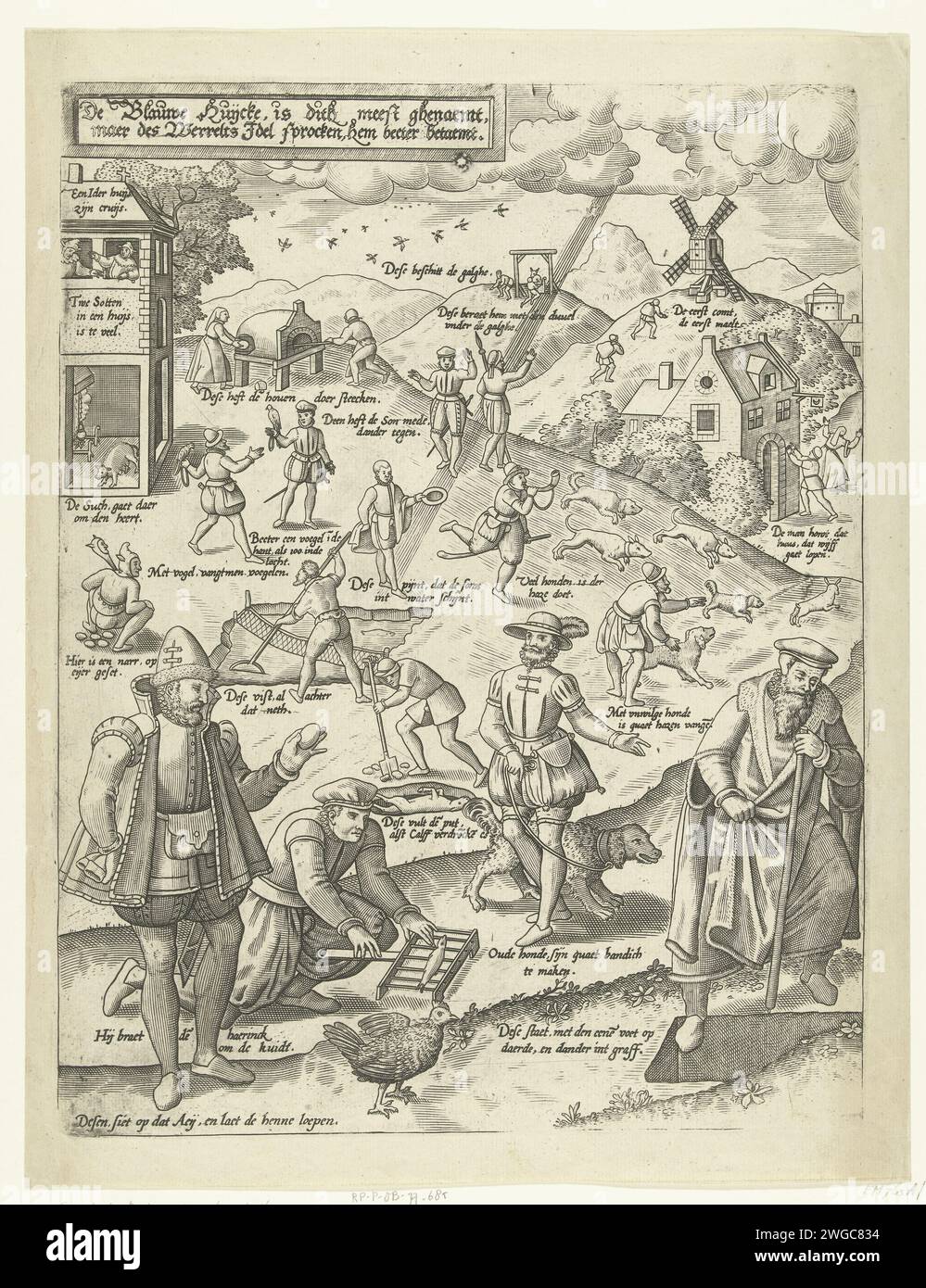 De Blauwe Huyck (page 1), 1577 estampe de Blauwe Huyck, feuille 1. Différents proverbes sur un magazine : r.o. avec le [n] pied, et la dander int grave ; l.o. : le siet sur ce Aeij, et Laet de Henne Walk ; L.B. : an Ider Huys, sont Cruijs. Proverbes, dictons, etc. Graveurs de papier des pays bas Banque D'Images