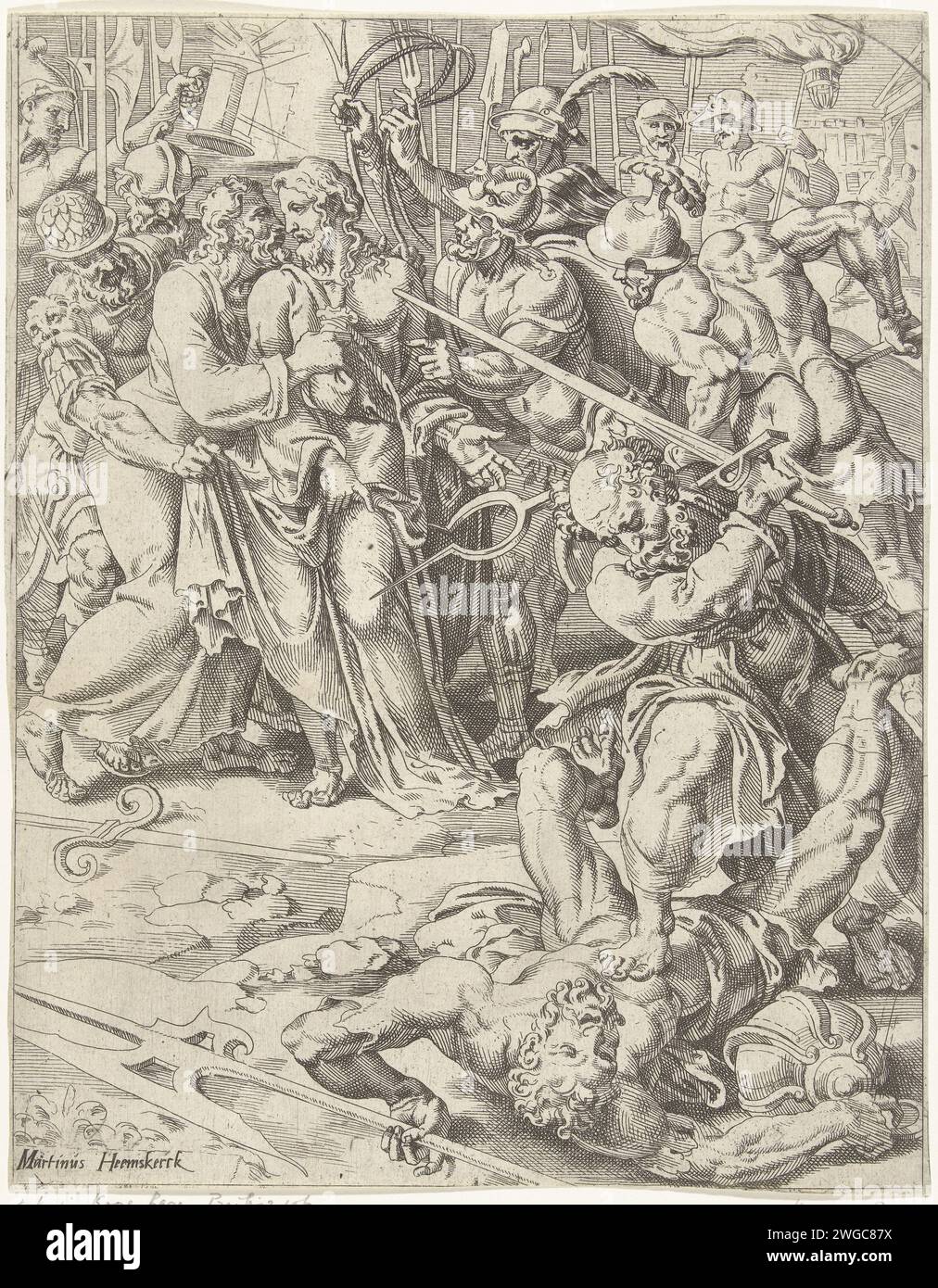 Judaskus et arrestation du Christ, Dirck Volckertsz. Coornhert (attribué à), d'après Maarten van Heemskerck, 1548 estampe Judas embrasse Christ sur la joue. Les soldats l'encerclent et l'arrêtent. Pierre tente de défendre le Christ et attaque l'un des soldats .. L'impression fait partie d'une série de trente parties avec des impressions sur la chute et la passion du Christ. Papier Haarlem mordant le baiser de Judas : accompagné de soldats avec des torches et des lanternes, il embrasse Christ Banque D'Images