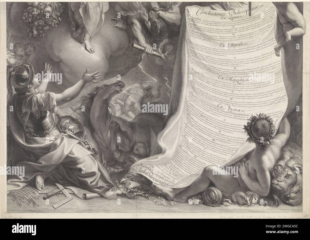 Allégorie sur le pouvoir de Louis XIV, Gérard Edelinck, d'après Charles le Brun, 1680 imprime la partie inférieure d'une estampe sur laquelle le roi Louis XIV, en tenue romaine, est couronné par la personnification de l'immortalité et lui apporte la paix. Le texte sur la toile déployée donne les principaux points d’un tract philosophique de J.B. Colbert de Croissy. Print Maker : Parisafter dessin par : Parisprint Maker : Paris (possiblement)France gravure sur papier Banque D'Images