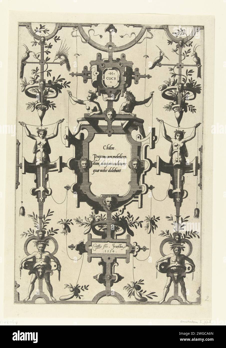 Cartouche avec texte de Chilo, 1558 - 1630 print cartouche avec texte de Chilo entre deux candélabres, composé de rouler avec un sater, un Herme et un vase avec des fleurs. Appartient à une série de 6 magazines. Pays-Bas (peut-être) gravure sur papier Banque D'Images