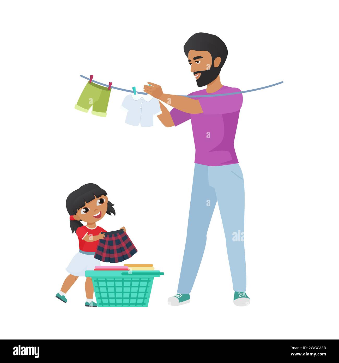 Tâches ménagères du père et de la fille, fille donnant du linge propre du panier à l'illustration vectorielle de l'homme Illustration de Vecteur