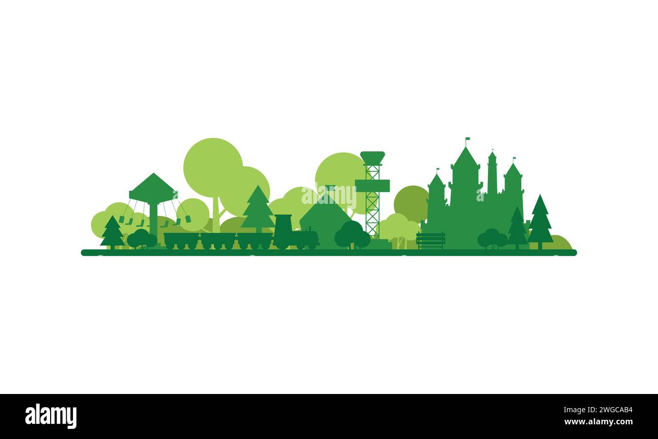 Paysage de parc d'attractions vert abstrait avec des silhouettes de château de conte de fées et illustration vectorielle d'attraction de train d'enfants Illustration de Vecteur